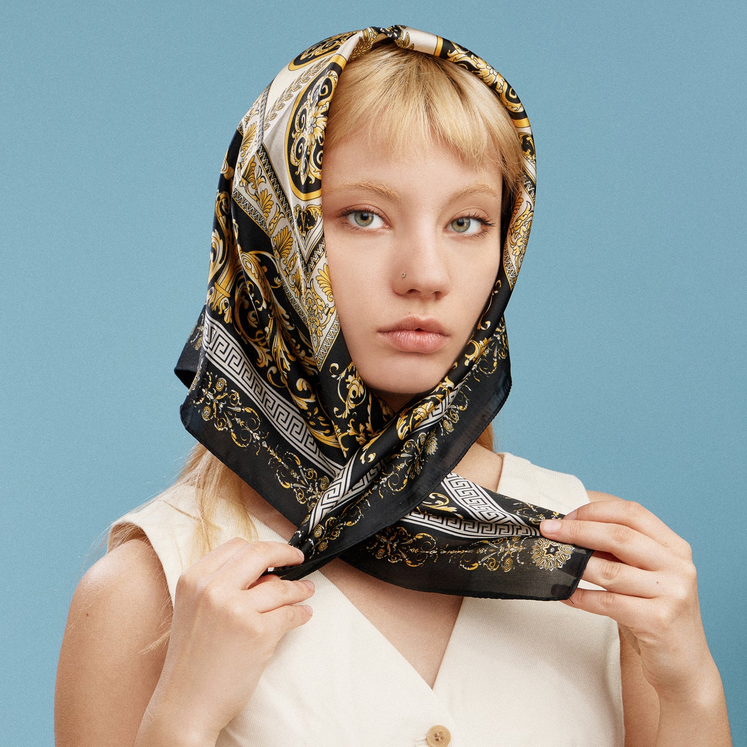 Satin Baroque Square Scarf – Vintage Ornate Scroll Print