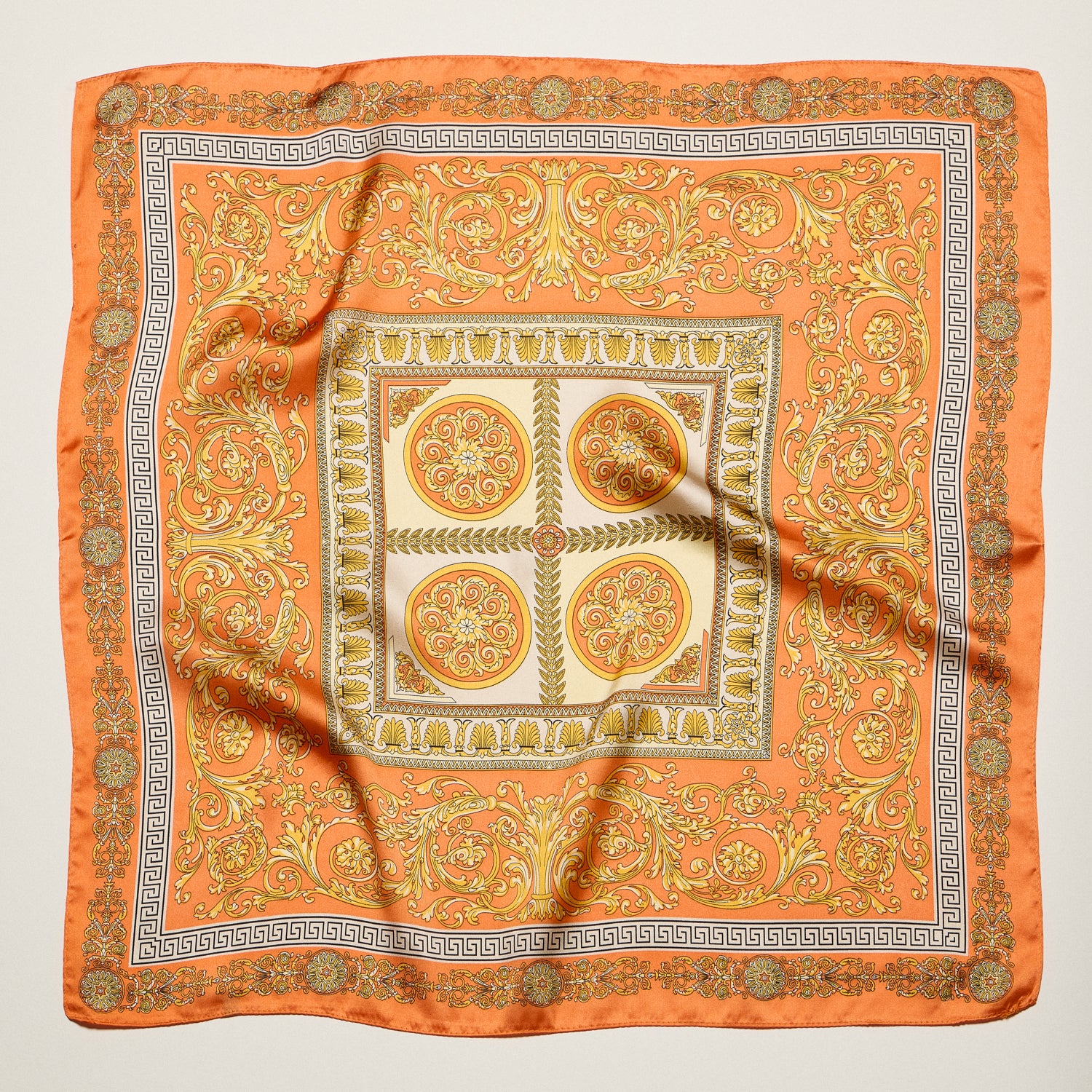 Classic Baroque Square Scarf – Vintage Gold Chain & Ornate Scroll Print Satin Headscarf - Frem
