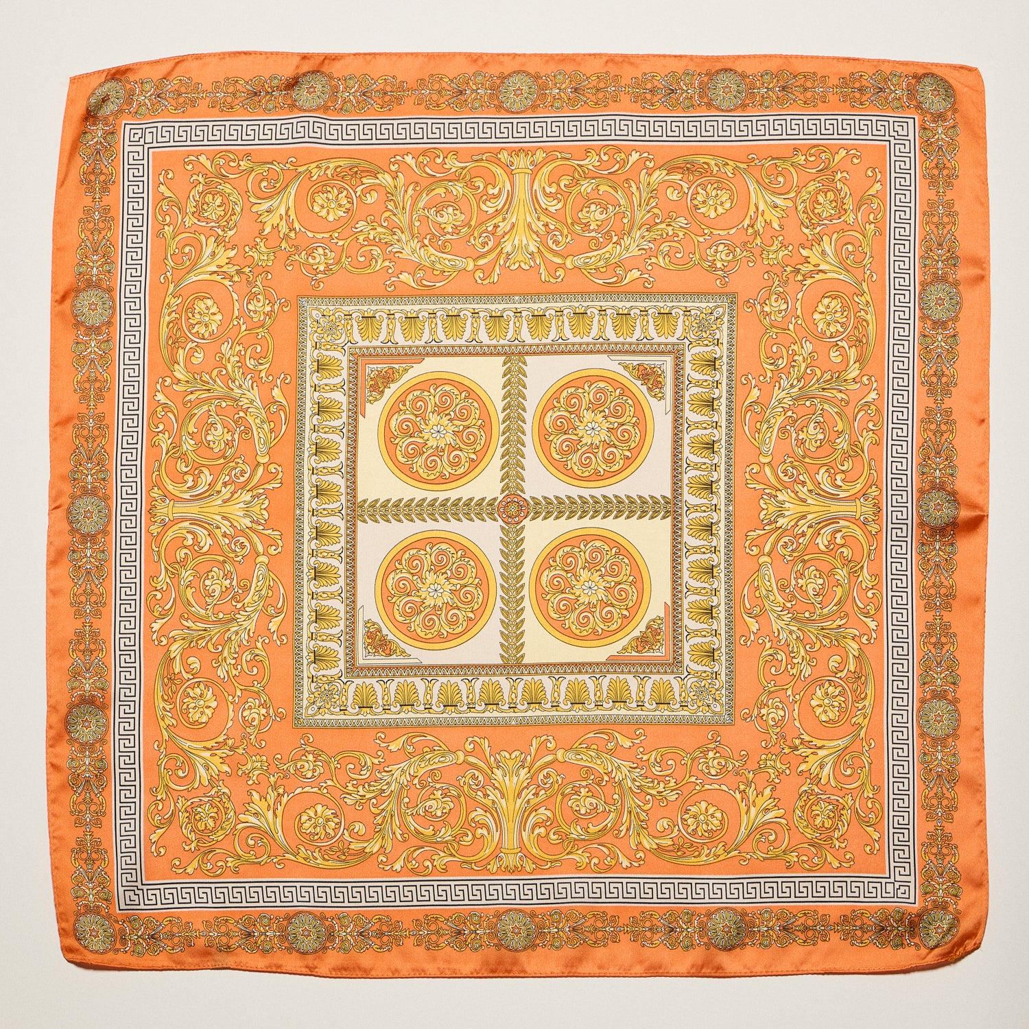 Classic Baroque Square Scarf – Vintage Gold Chain & Ornate Scroll Print Satin Headscarf - Frem