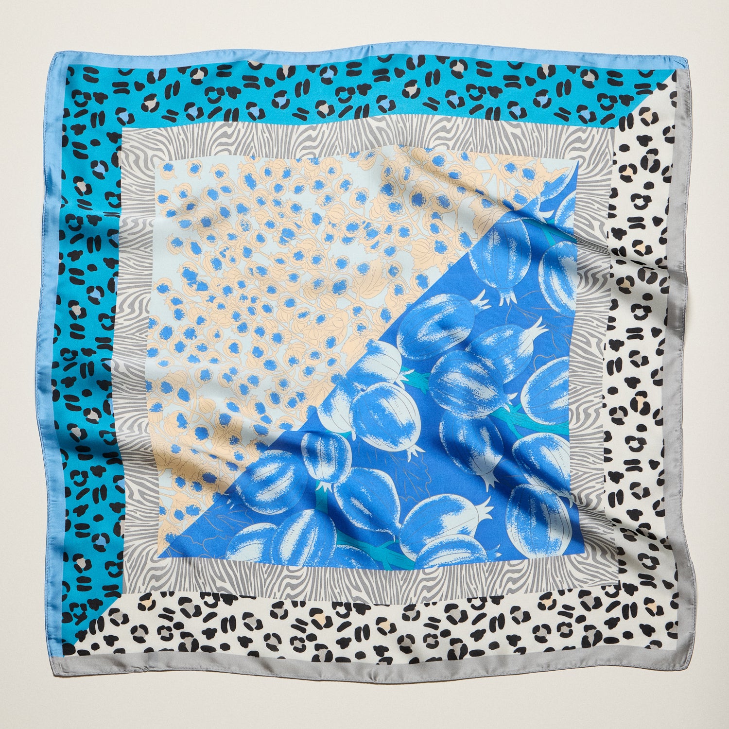 Patchwork Leopard & Floral Square Scarf – Satin Feel Fashion Neck, Hair & Bag Scarf - Frem