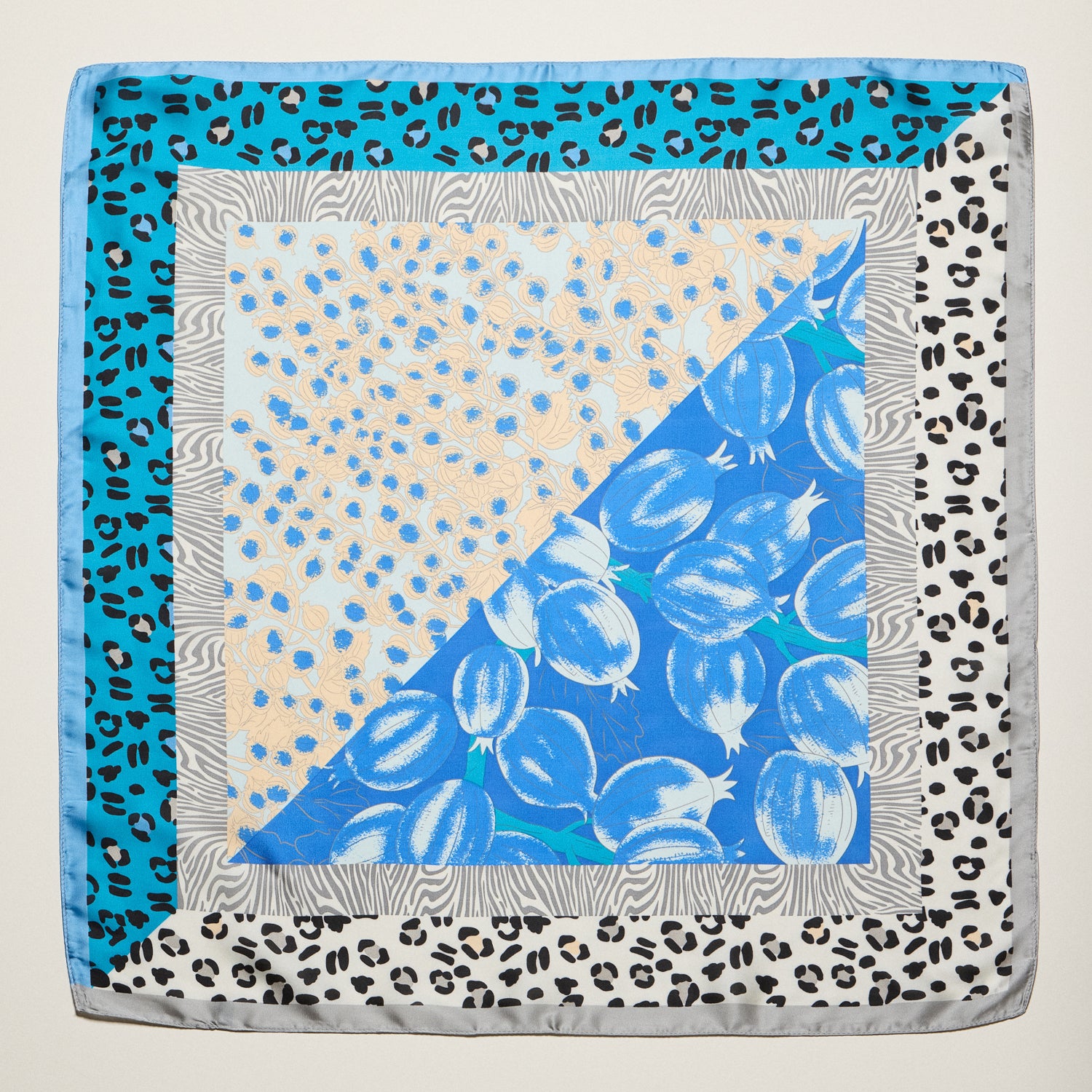 Patchwork Leopard & Floral Square Scarf – Satin Feel Fashion Neck, Hair & Bag Scarf - Frem
