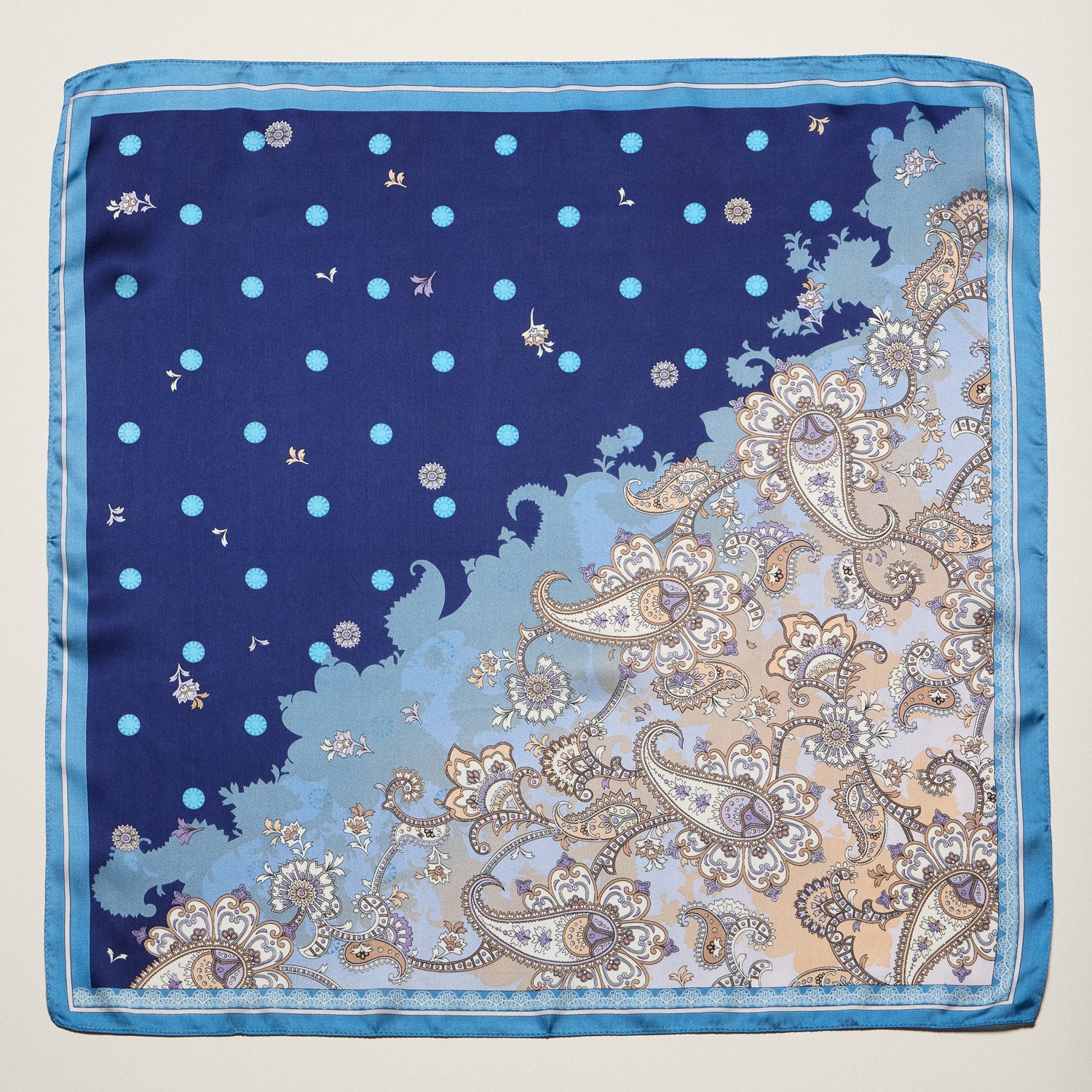 Vintage Paisley Polka Dot Square Scarf – Blue & Olive Elegant Silk-Feel Neck Hair Scarf - Frem