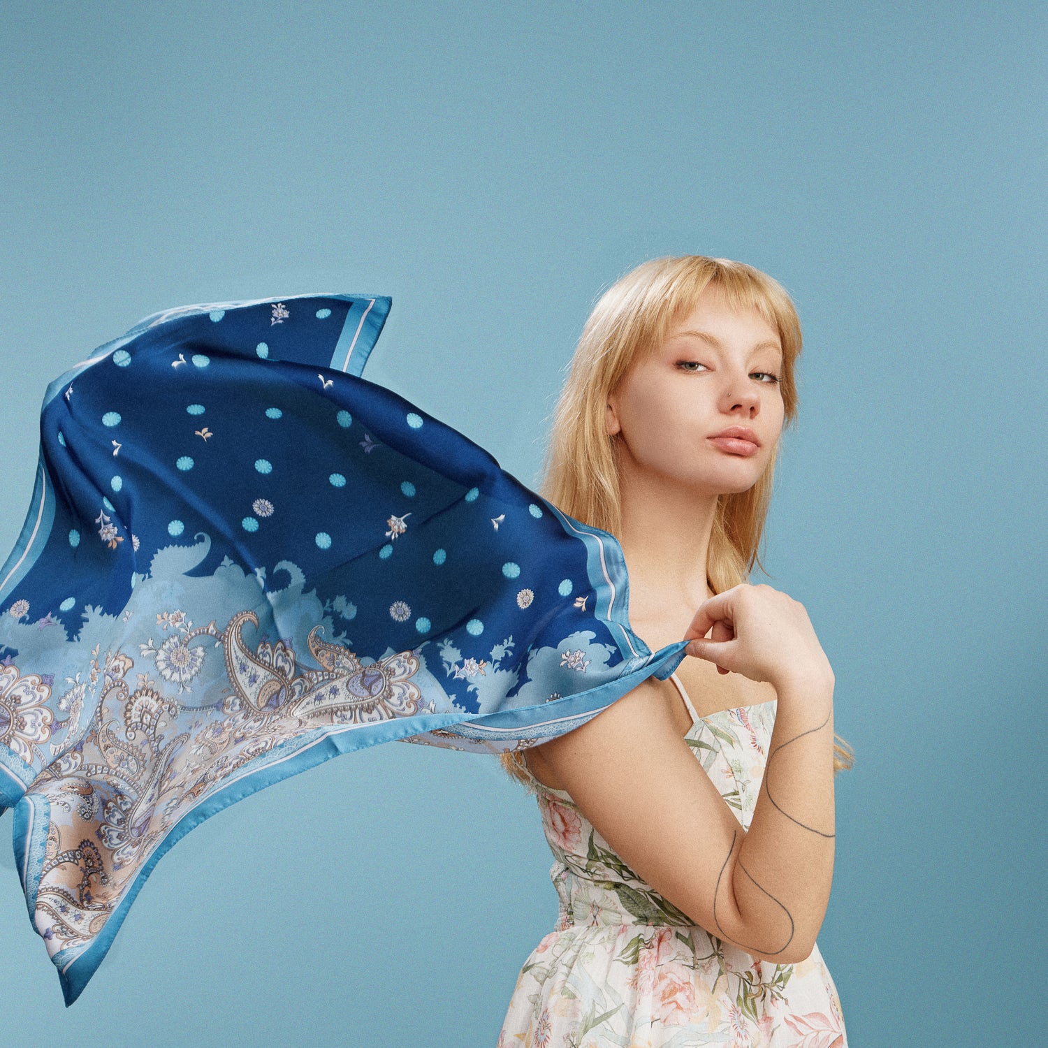 Vintage Paisley Polka Dot Square Scarf | Blue & Olive Elegant Silk-Feel Neck Hair Scarf