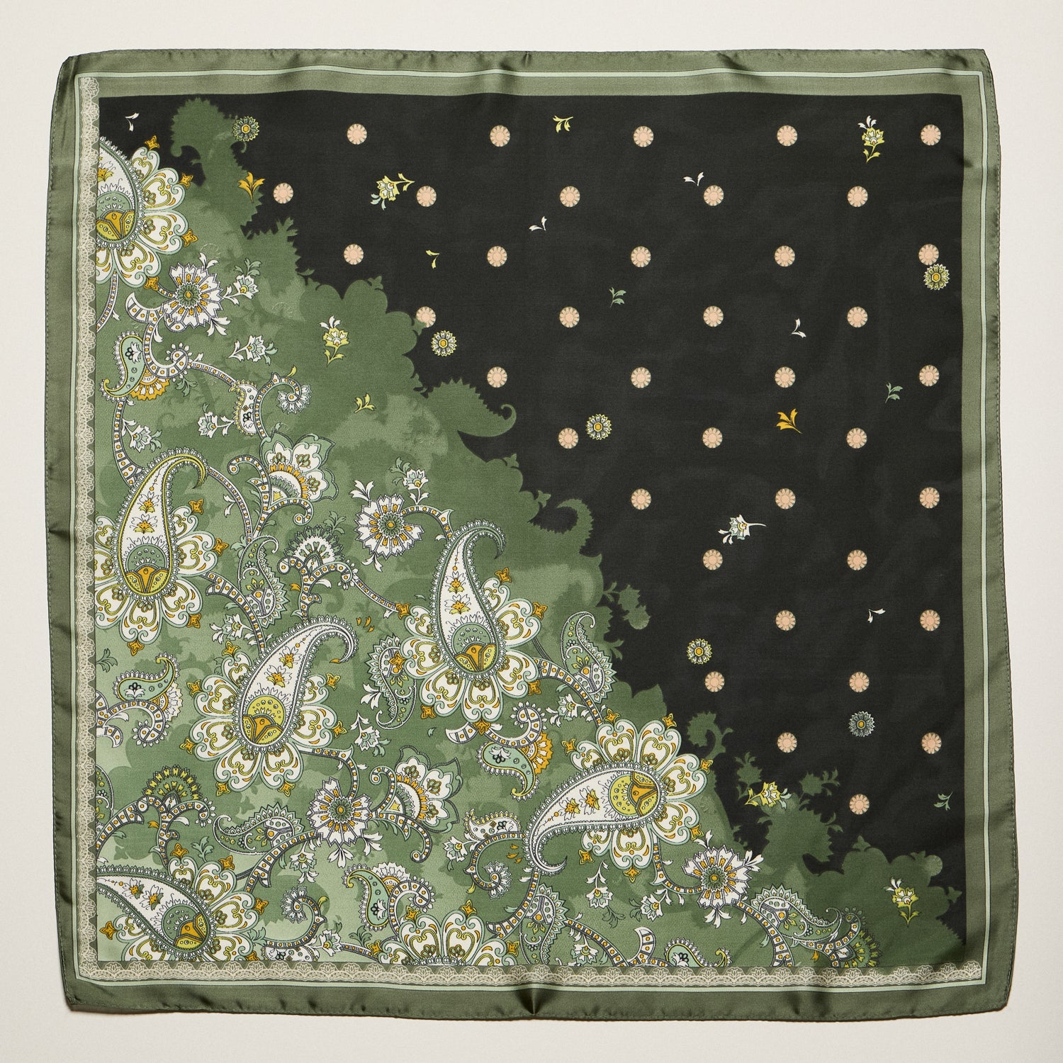 Vintage Paisley Polka Dot Square Scarf – Blue & Olive Elegant Silk-Feel Neck Hair Scarf - Frem