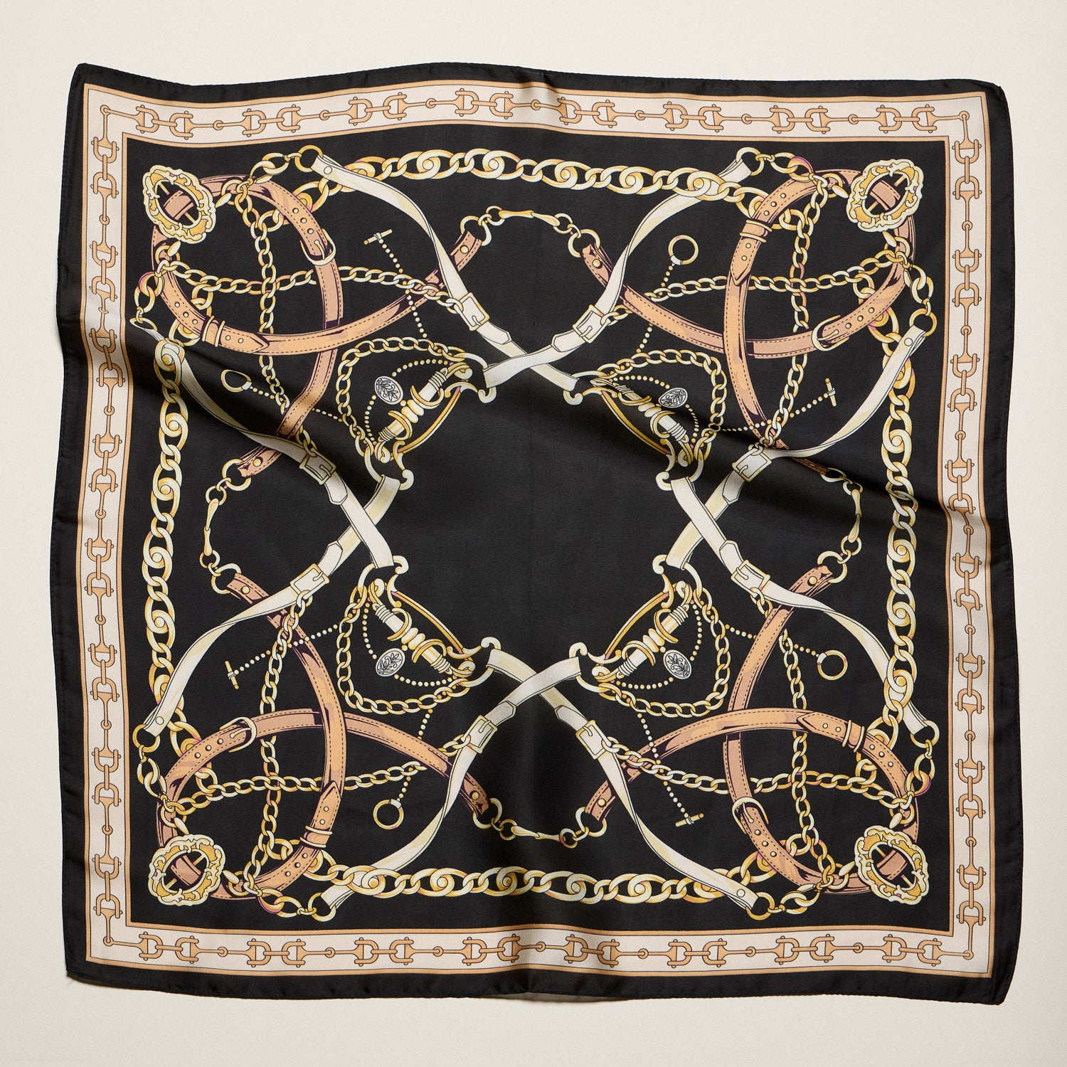 Classic Equestrian Chain Square Scarf – Vintage Belt & Gold Chain Print Silk-Feel Scarf - Frem