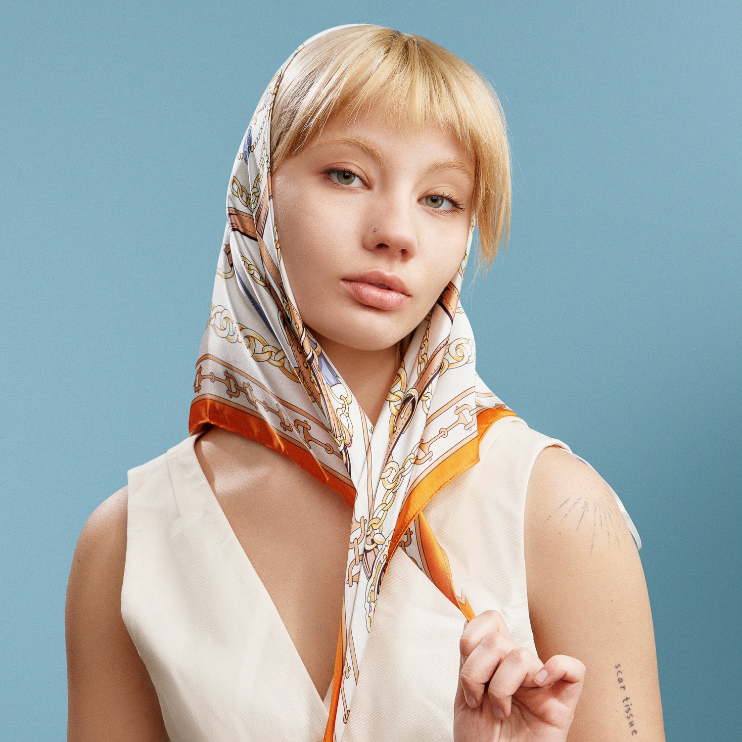 Classic Equestrian Chain Square Scarf | Vintage Belt & Gold Chain Print Silk-Feel Scarf