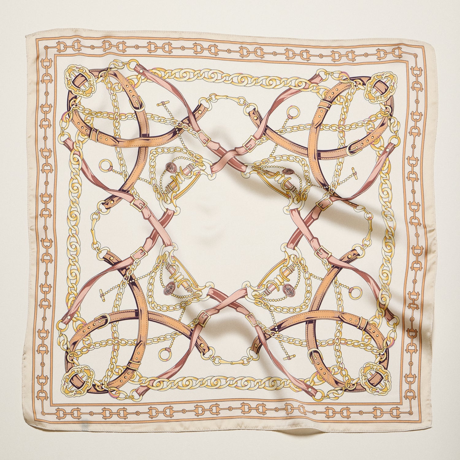 Classic Equestrian Chain Square Scarf – Vintage Belt & Gold Chain Print Silk-Feel Scarf - Frem