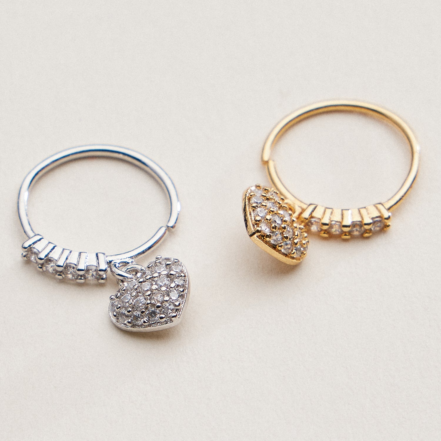 Gold Dipped CZ Heart Charm Nose Hoop | Dangle Heart Nose Ring
