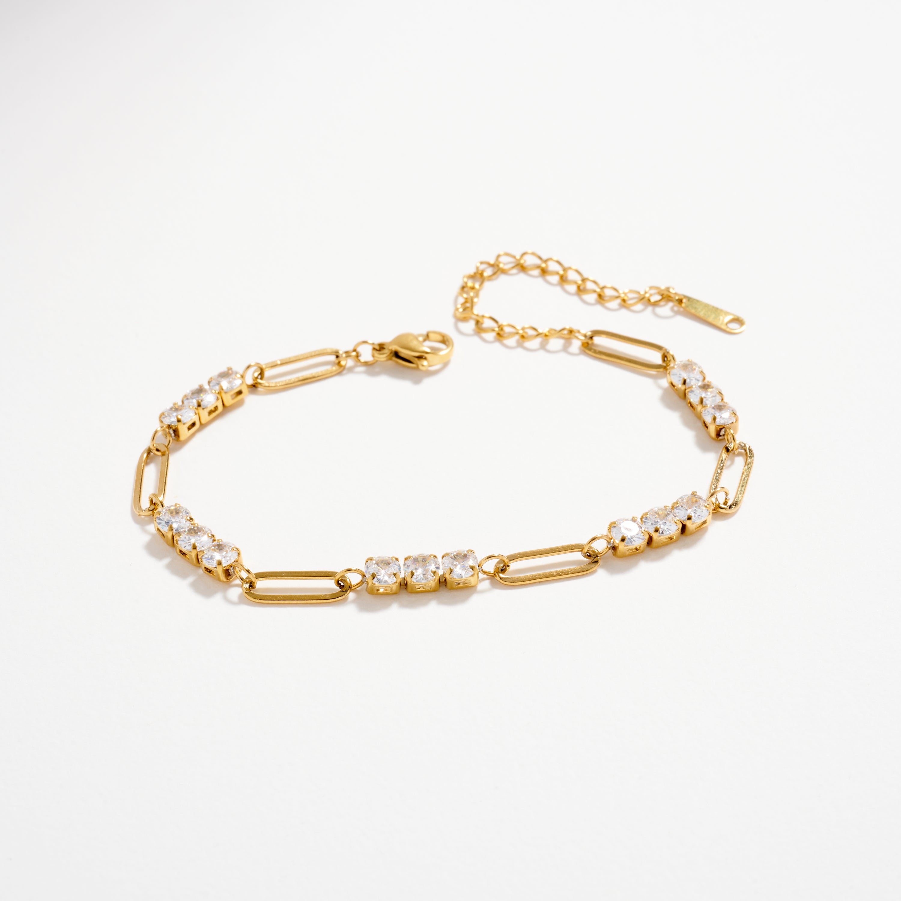 Gold-Tone CZ Link Chain Bracelet – Dainty Adjustable Crystal Paperclip Bracelet