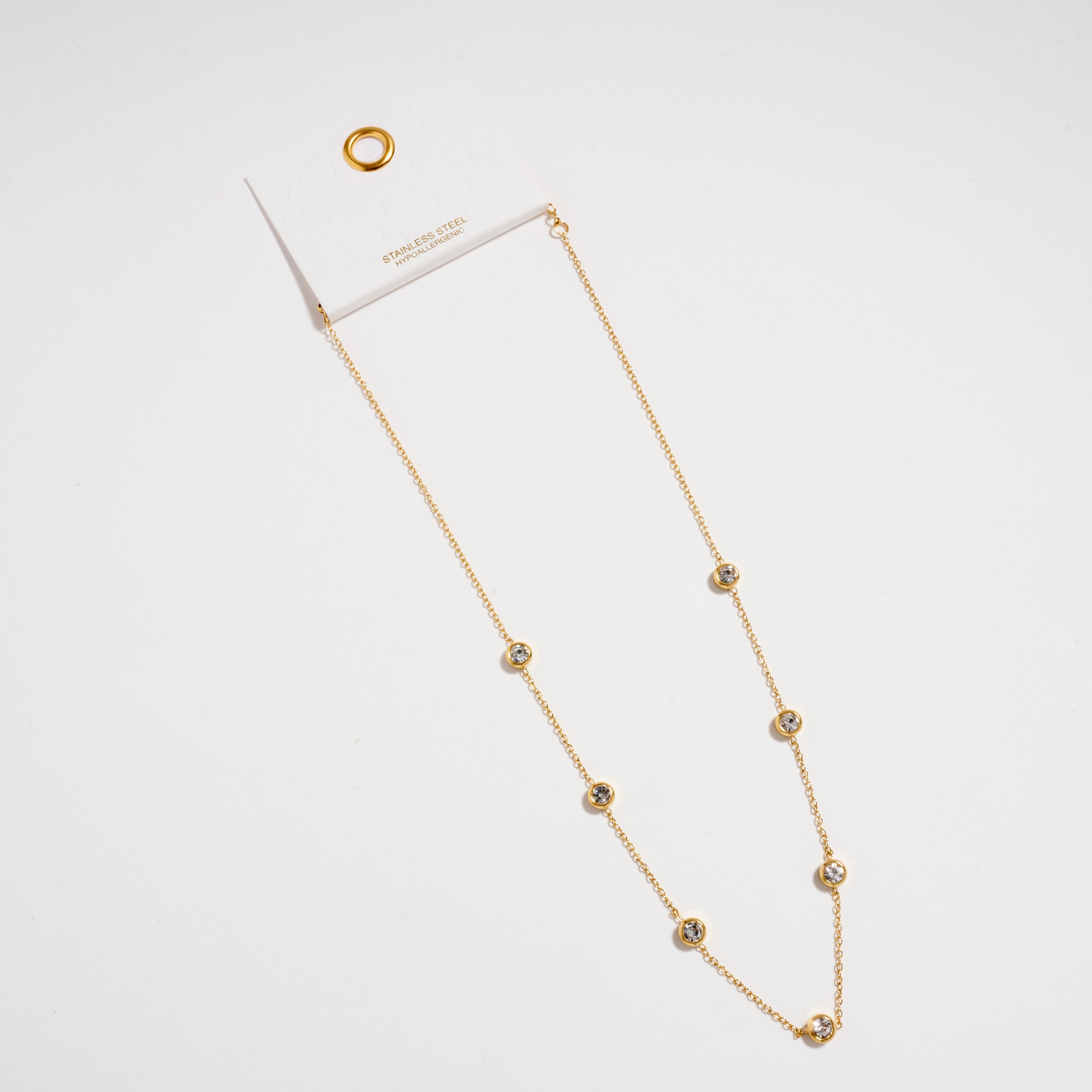 Gold-Tone CZ Station Necklace – Dainty Bezel-Set Crystal Chain Necklace