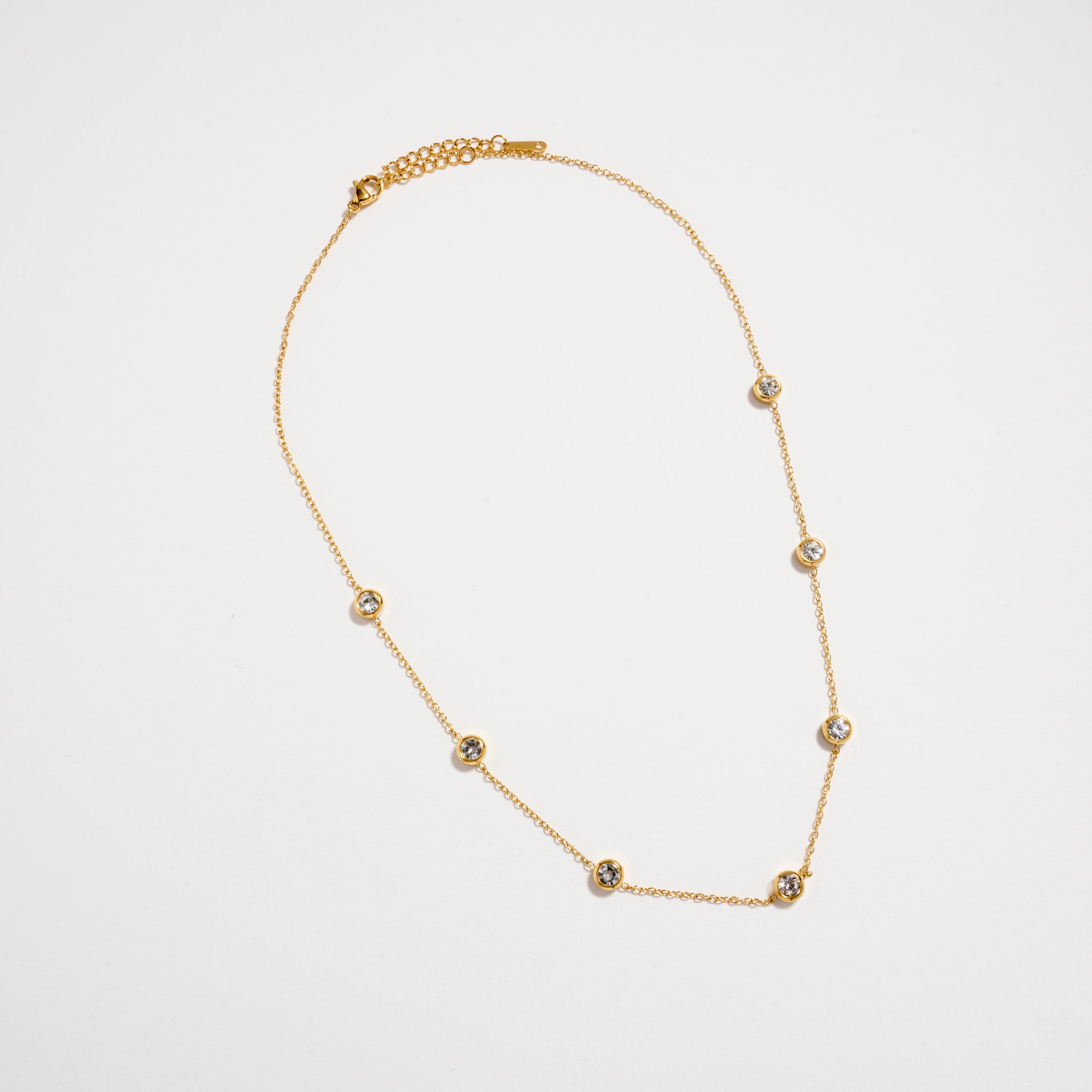 Gold-Tone CZ Station Necklace – Dainty Bezel-Set Crystal Chain Necklace