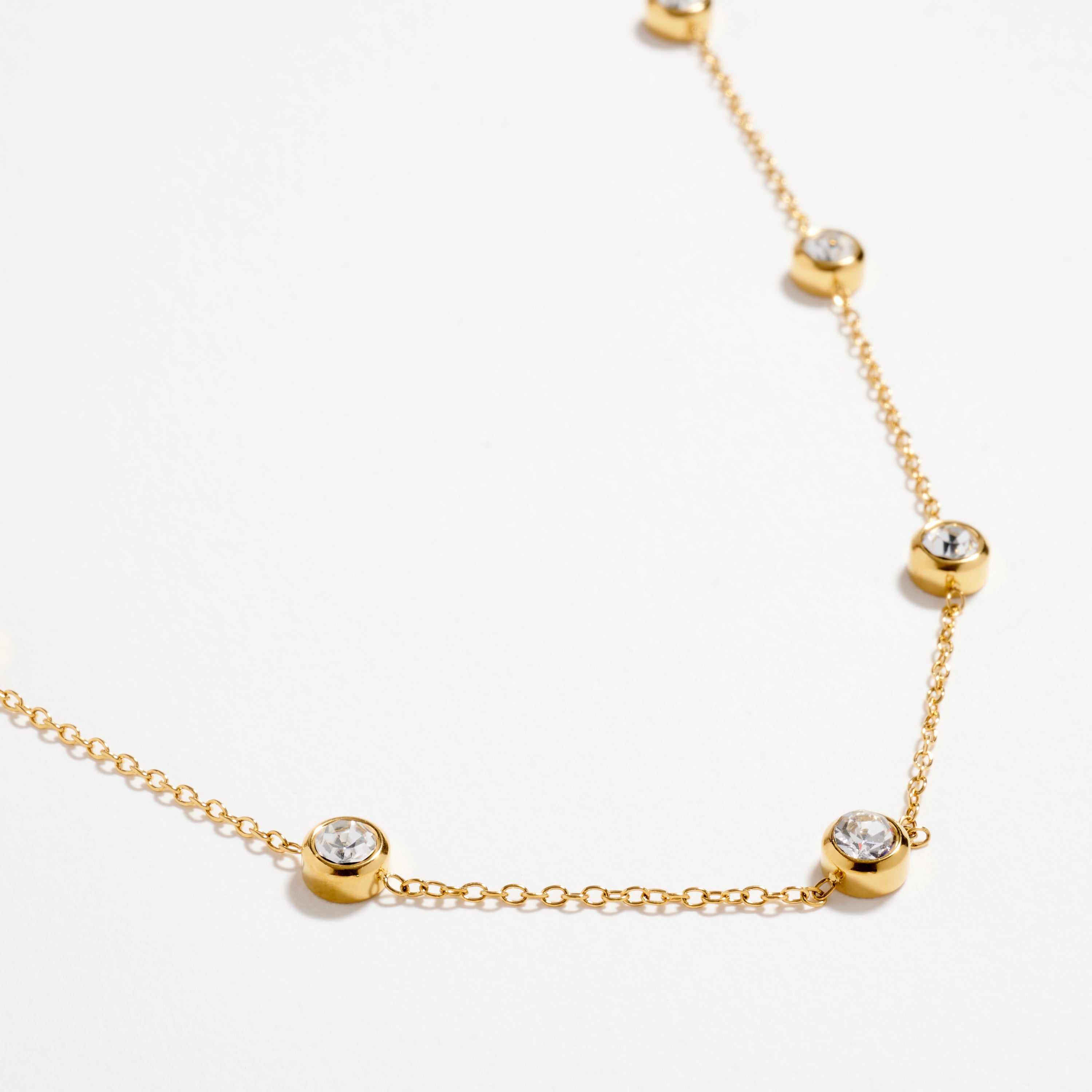 Gold-Tone CZ Station Necklace – Dainty Bezel-Set Crystal Chain Necklace