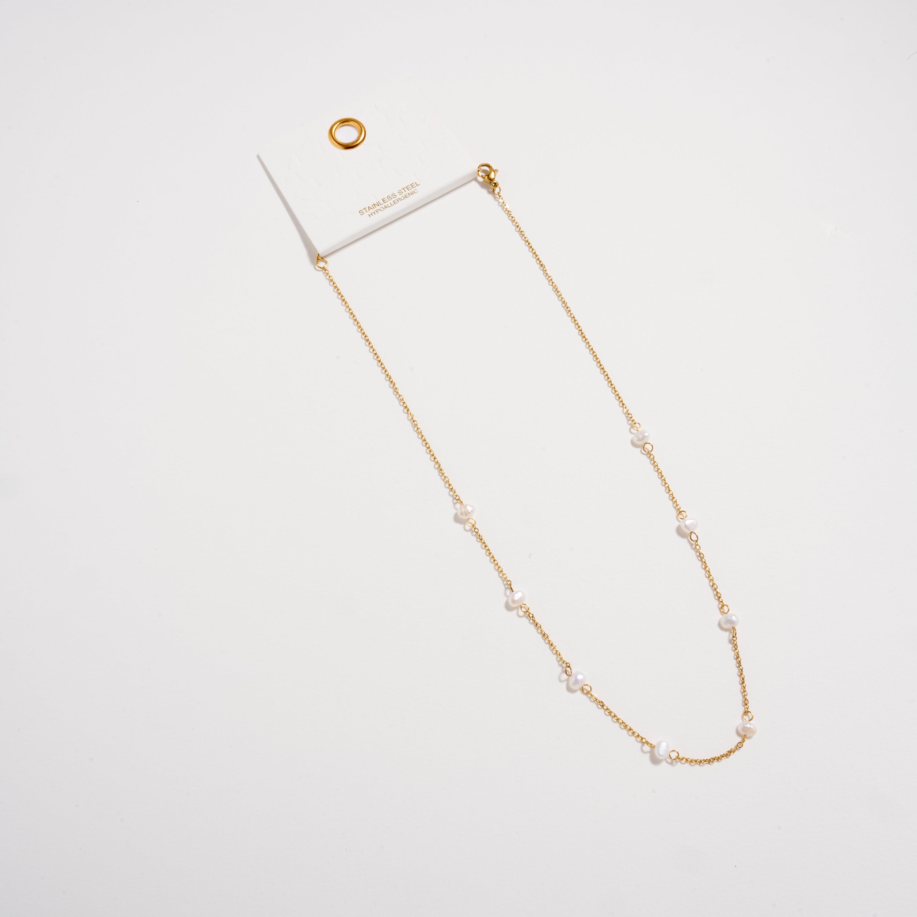 Gold Pearl Station Necklace – Dainty Freshwater Chain