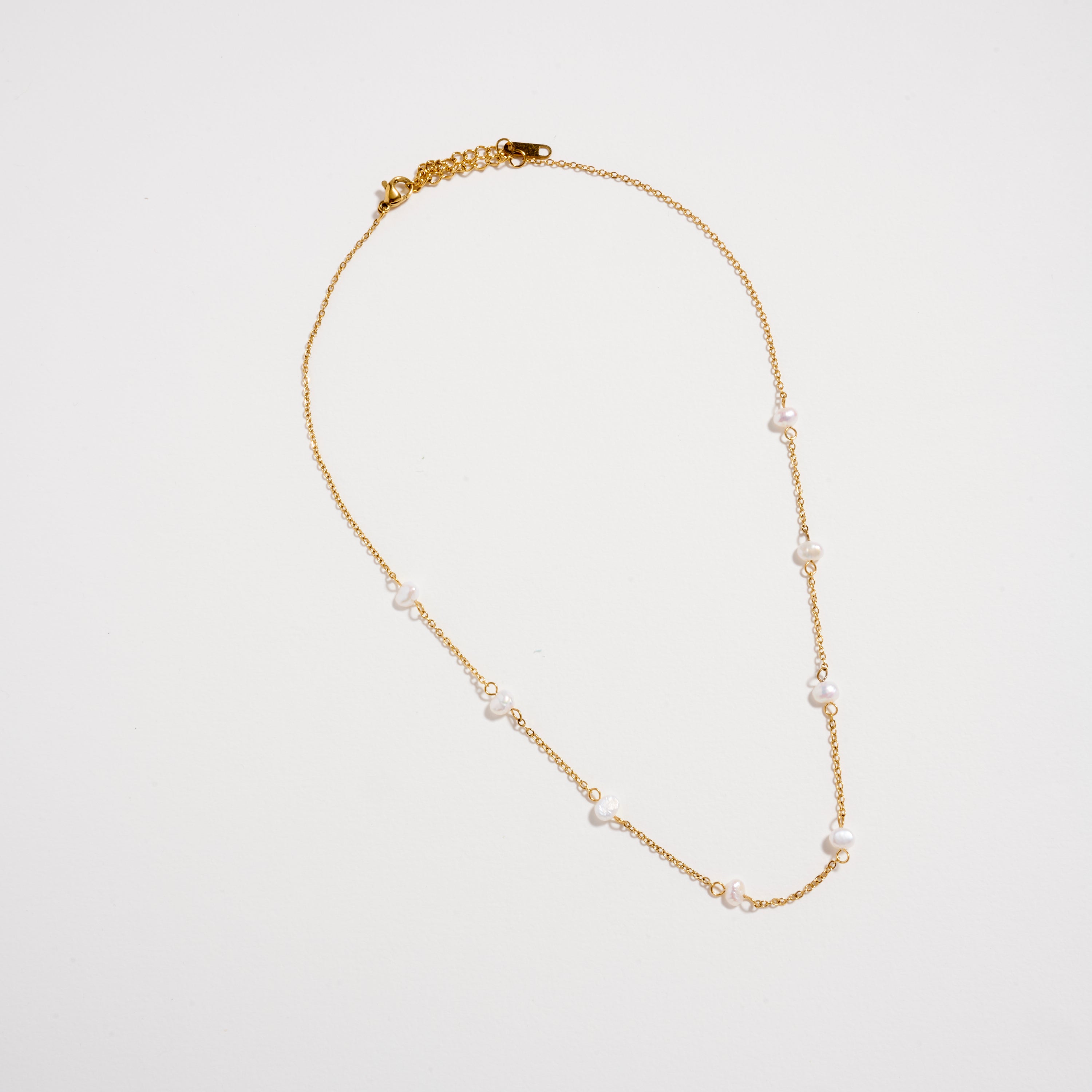 Gold Pearl Station Necklace – Dainty Freshwater Chain