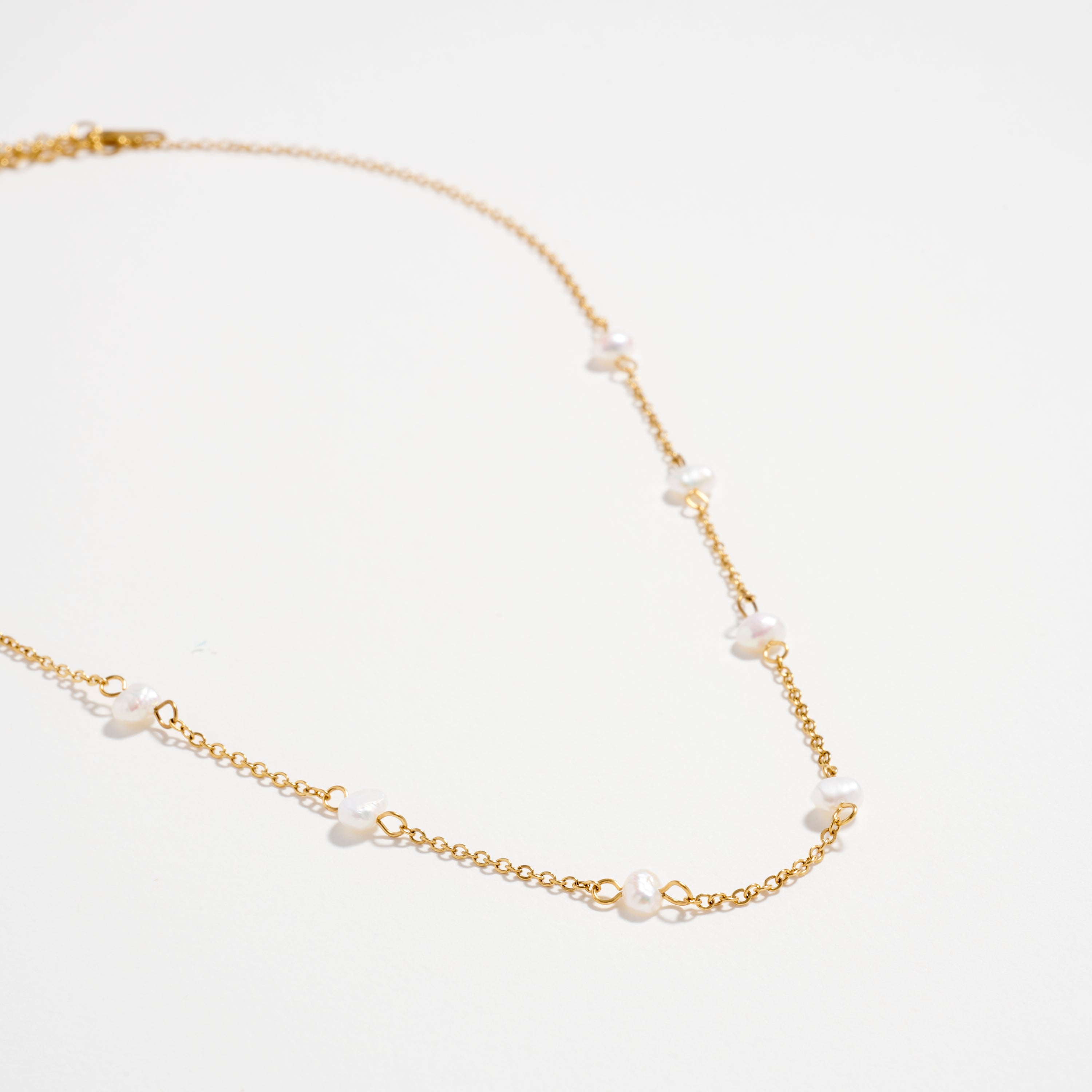 Gold Pearl Station Necklace – Dainty Freshwater Chain