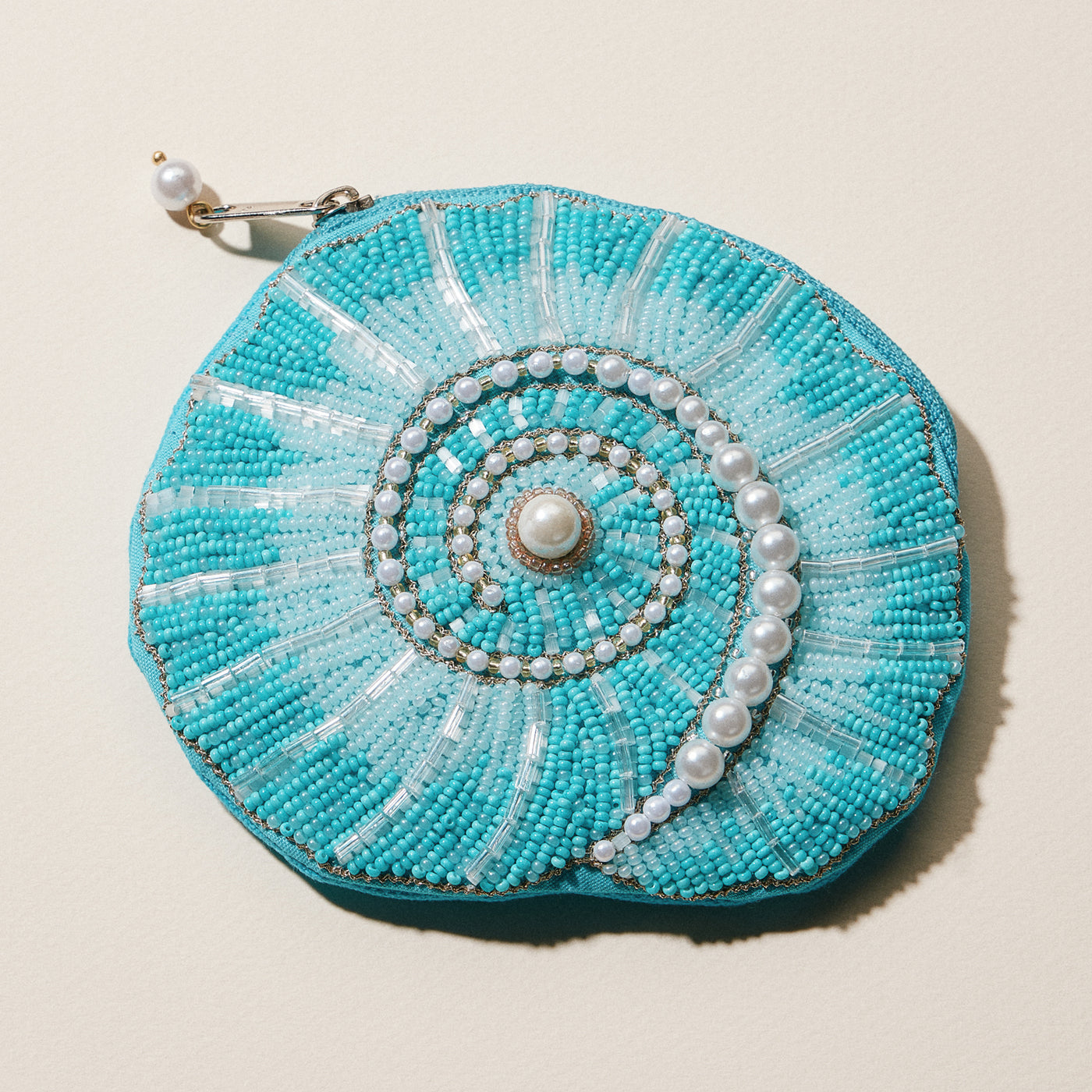 Beaded Spiral Seashell Coin Purse | Pearl Embellished Zip Pouch