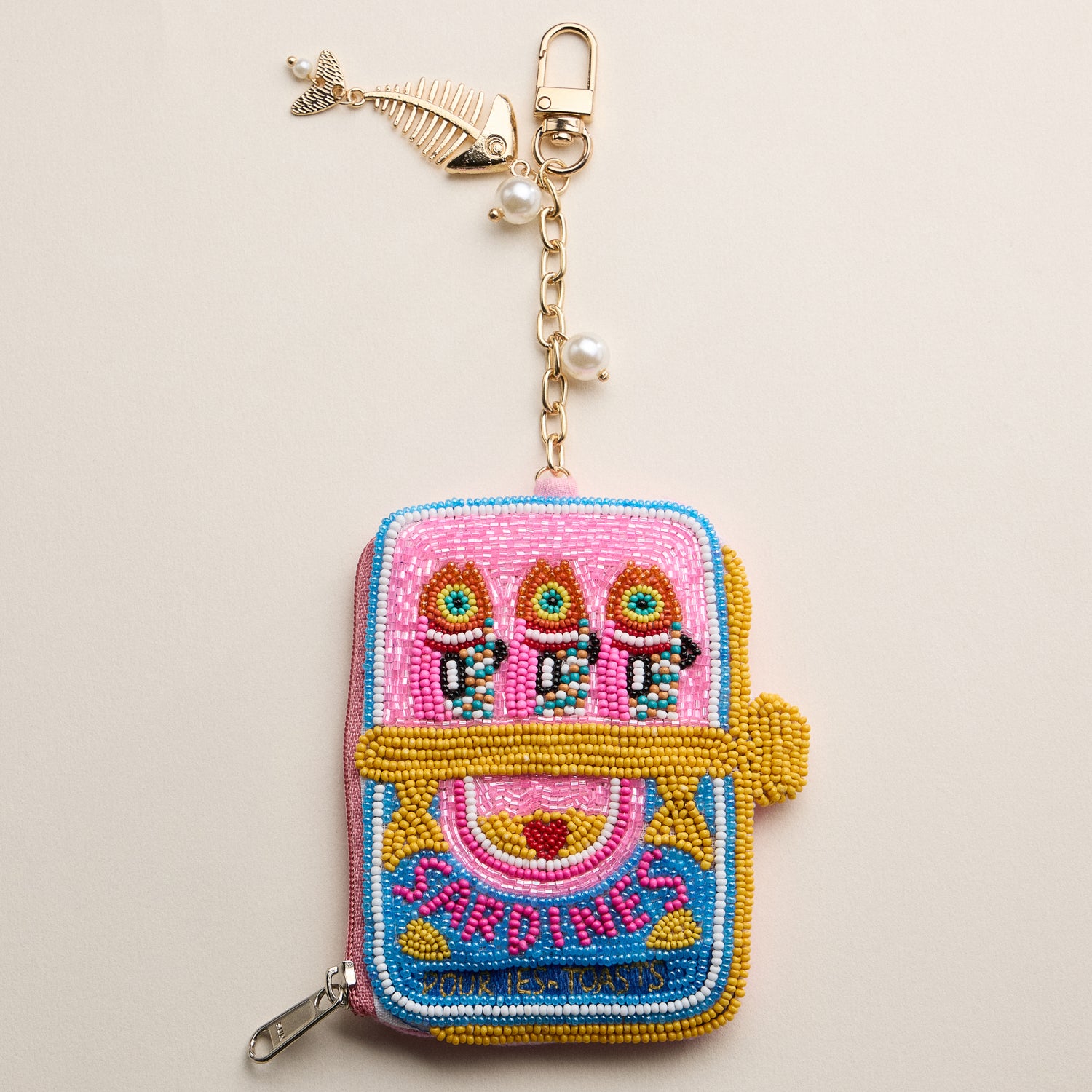 Beaded Sardine Coin Purse Keychain – Handmade Bead Embellished Zipper Pouch with Charm