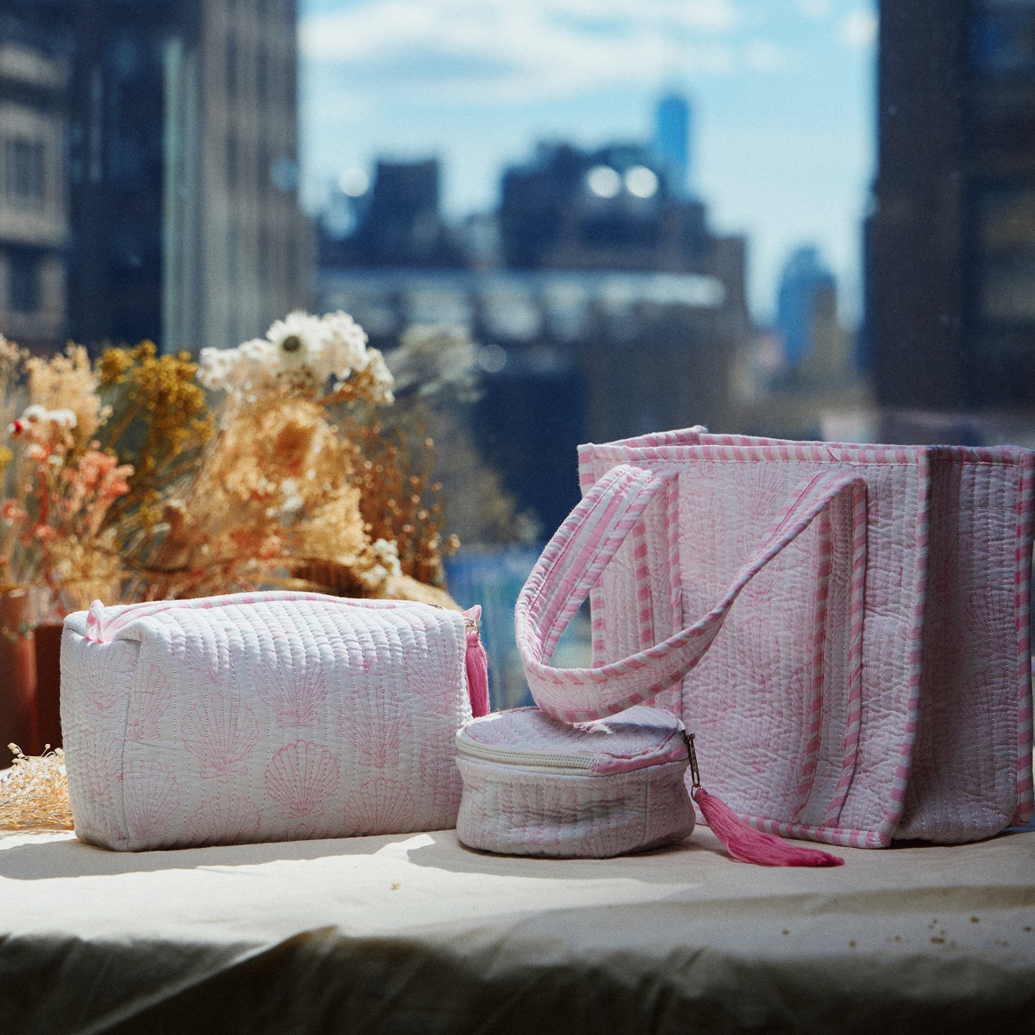Pink Quilted Seashell Cosmetic Pouch | Zipper Makeup Bag with Tassel