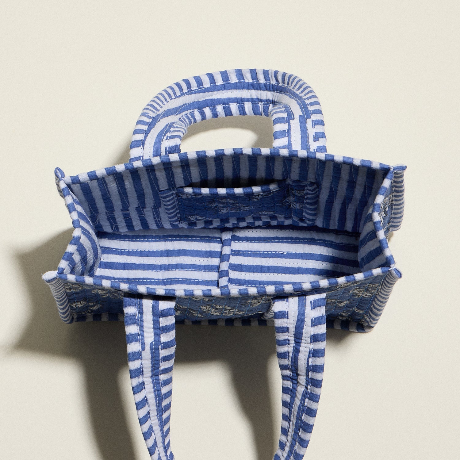 Blue Quilted Floral Mini Tote Bag – Striped Handle Fabric Lunch, Gift & Everyday Carry Bag