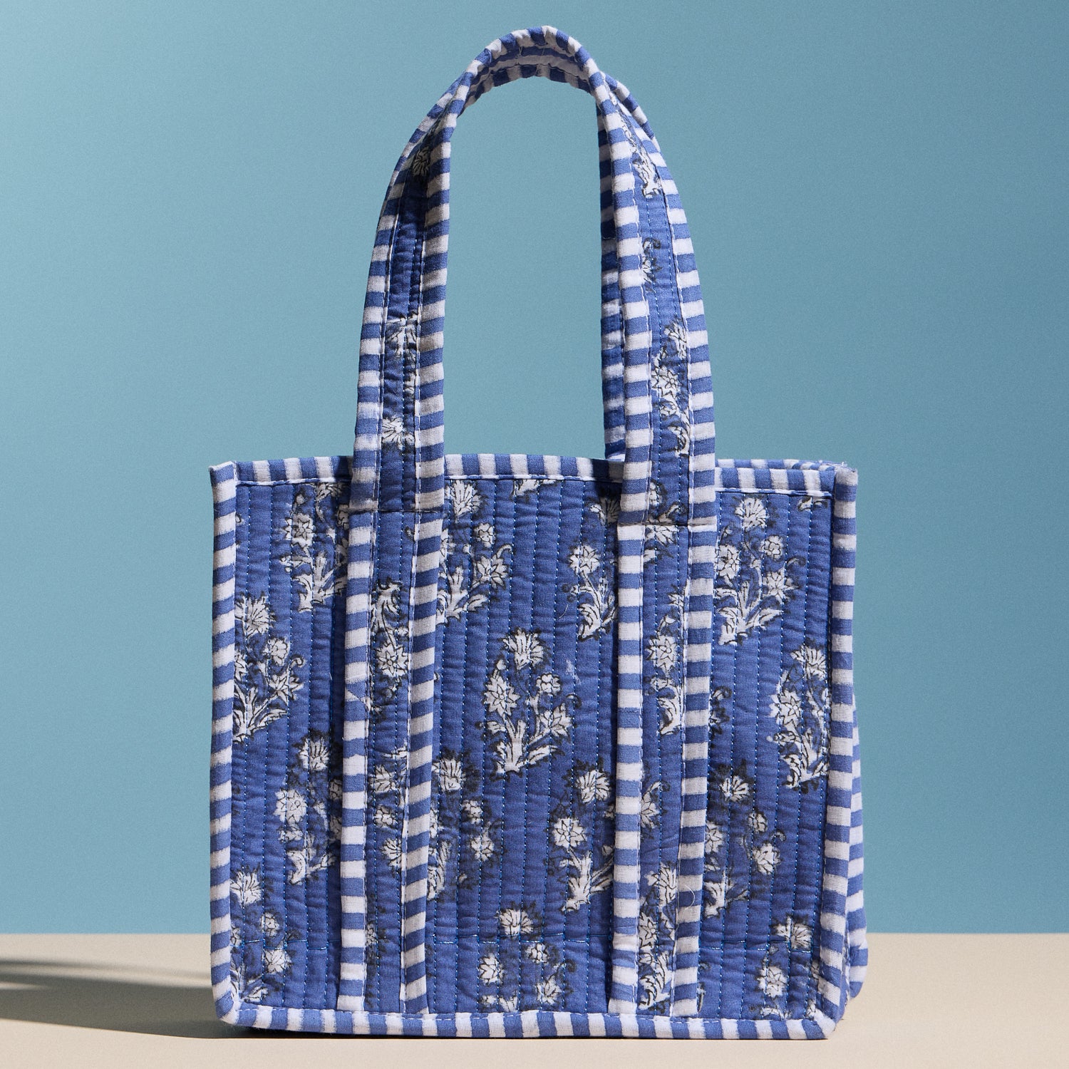 Blue Quilted Floral Mini Tote Bag – Striped Handle Fabric Lunch, Gift & Everyday Carry Bag