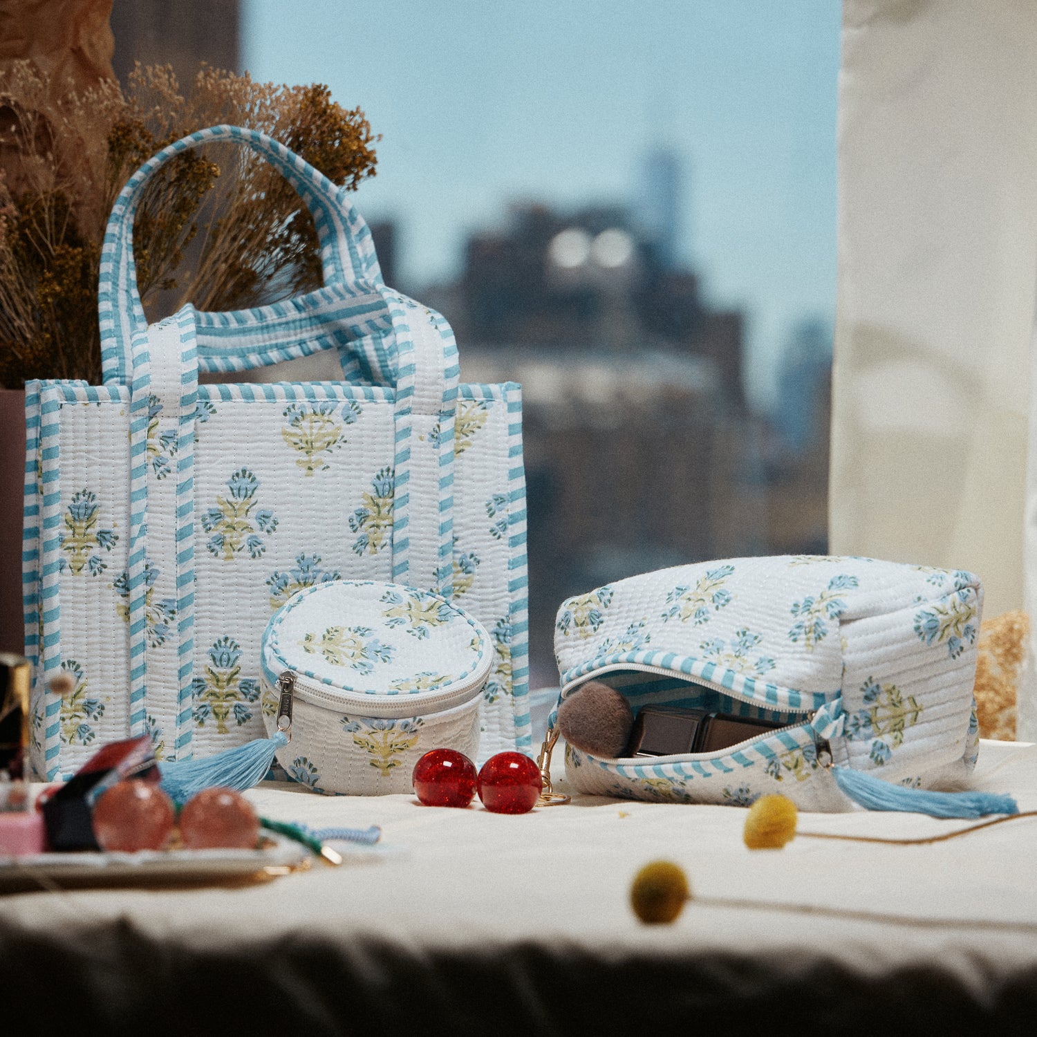 Blue Floral Quilted Mini Tote Bag | Soft Fabric Everyday Carry Handbag