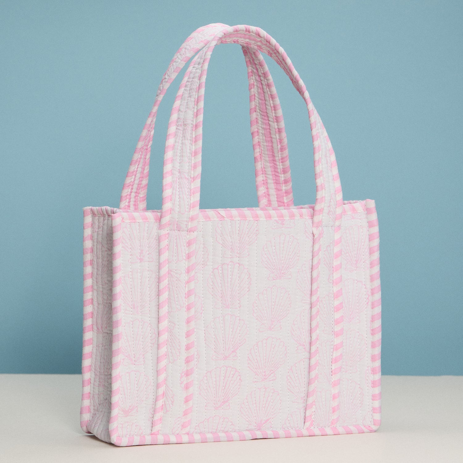 Pink Shell Quilted Mini Tote Bag – Lightweight Floral Striped Everyday Handbag - Frem