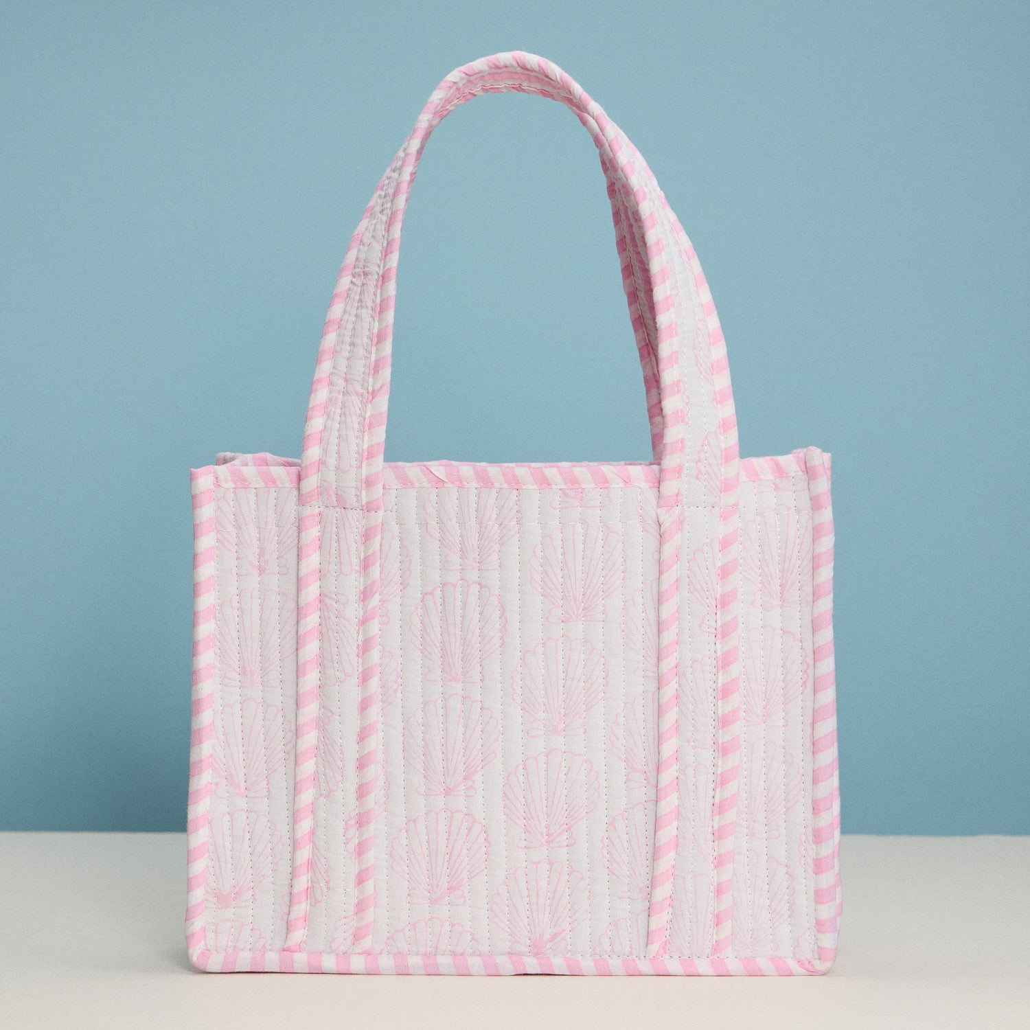 Pink Shell Quilted Mini Tote Bag – Lightweight Floral Striped Everyday Handbag - Frem