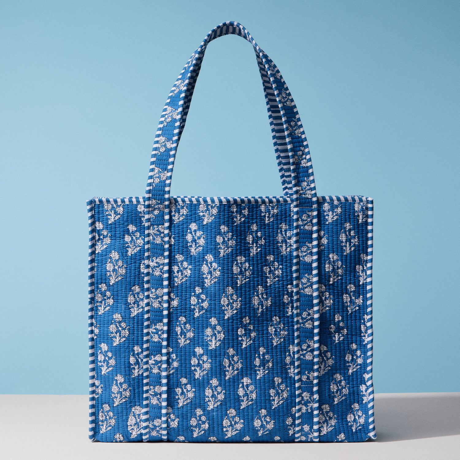 Blue Indian Quilted Tote Bag | Large Handmade Block Print Cotton Carryall