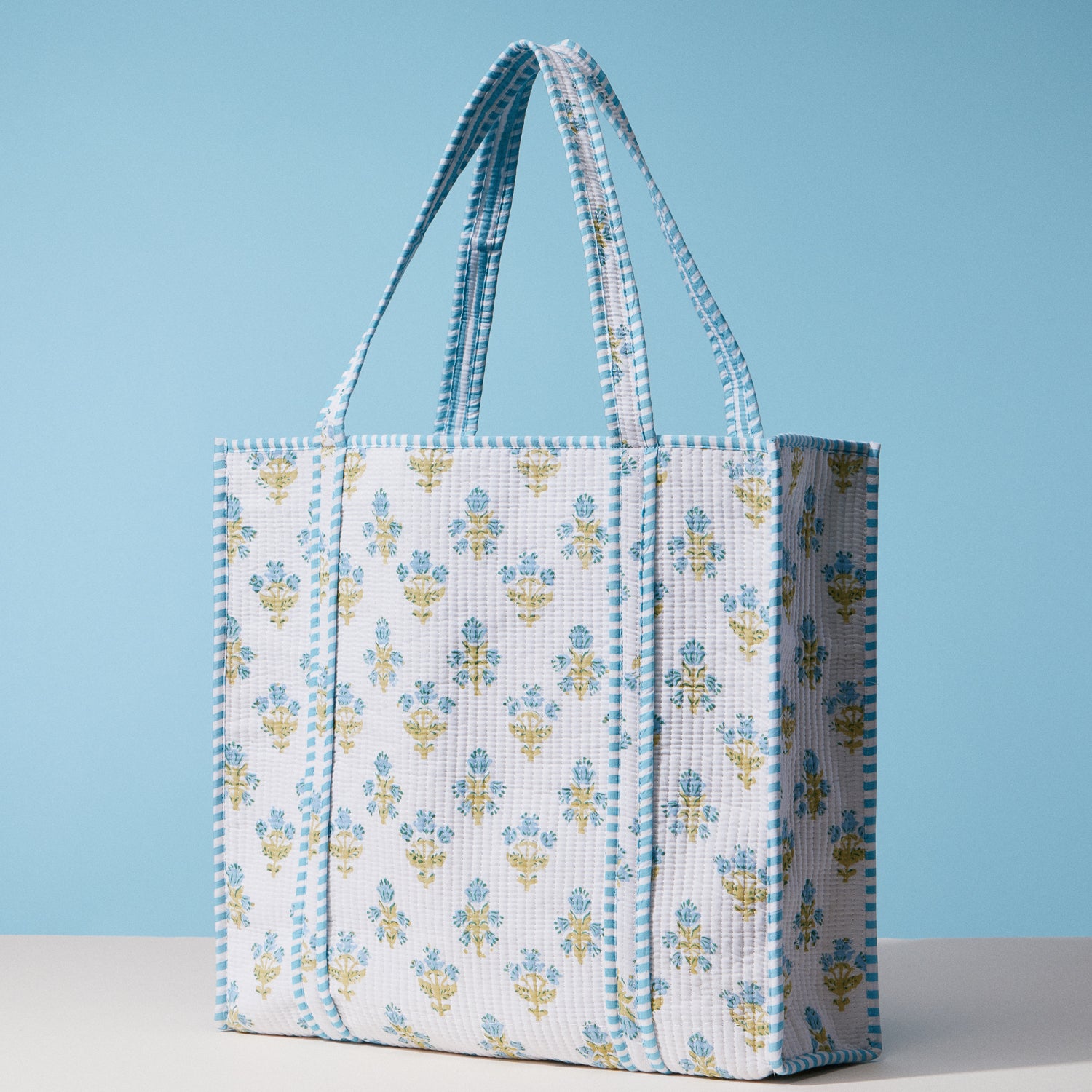 Blue and White Indian Quilted Tote Bag – Large Handmade Block Print Cotton Bag