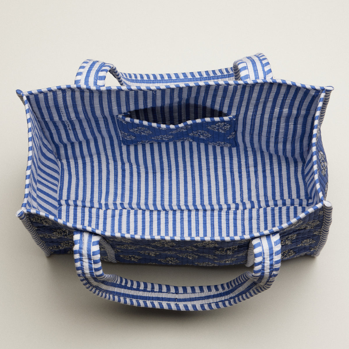 Blue Indian Quilted Tote Bag | Medium Handmade Block Print Cotton Carryall