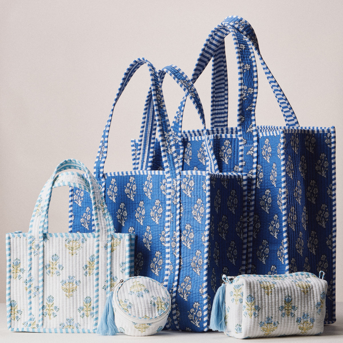 Blue Indian Quilted Tote Bag | Medium Handmade Block Print Cotton Carryall
