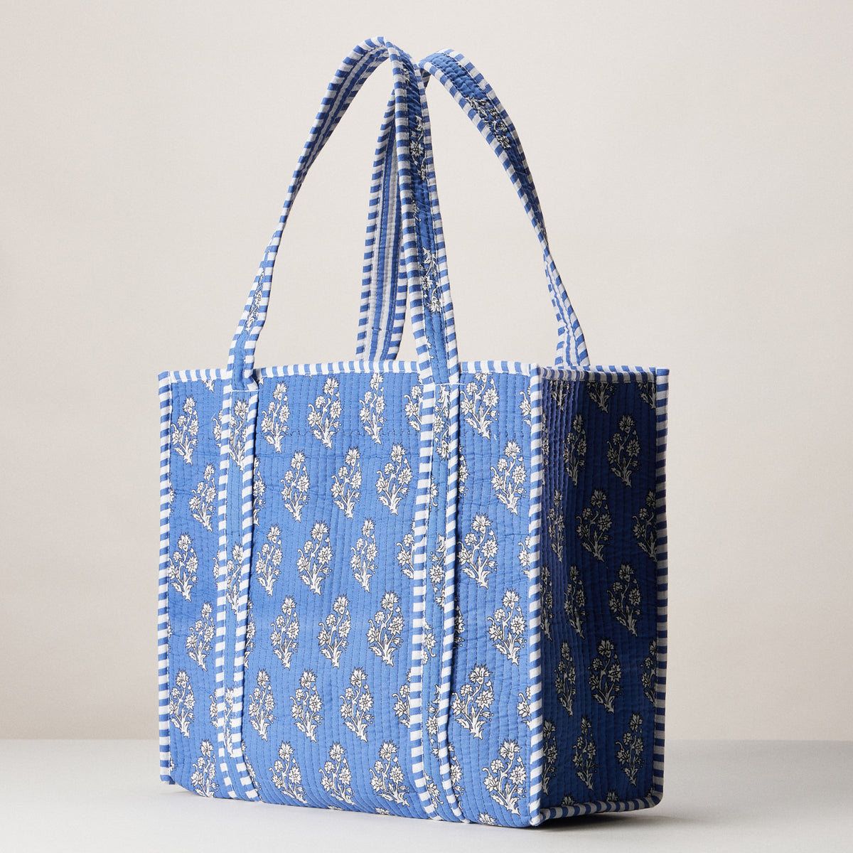 Blue Indian Quilted Tote Bag | Medium Handmade Block Print Cotton Carryall