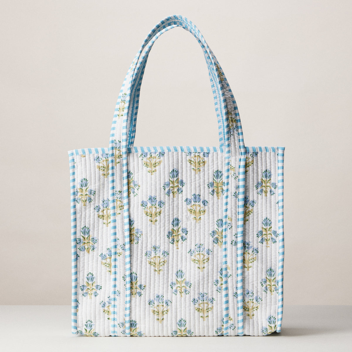 Blue and White Indian Quilted Tote Bag | Medium Handmade Block Print Cotton Bag