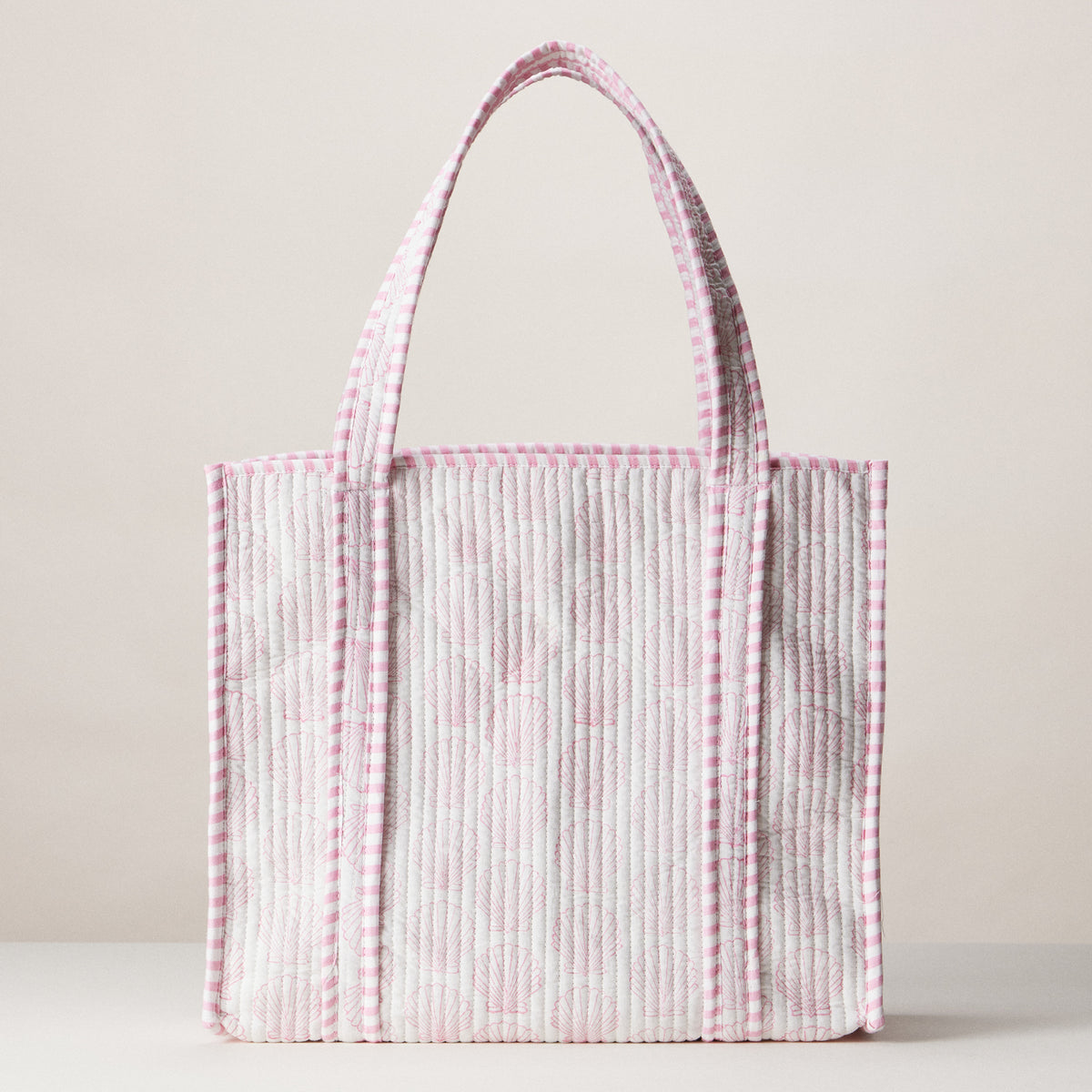 Pink Seashell Indian Quilted Tote Bag | Medium Handmade Block Print Cotton Bag