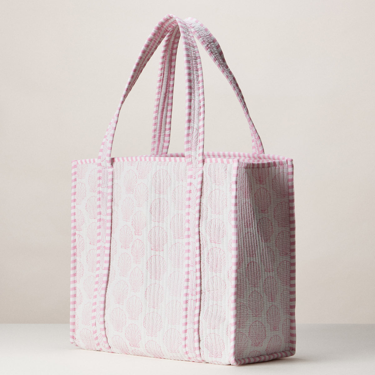 Pink Seashell Indian Quilted Tote Bag | Medium Handmade Block Print Cotton Bag