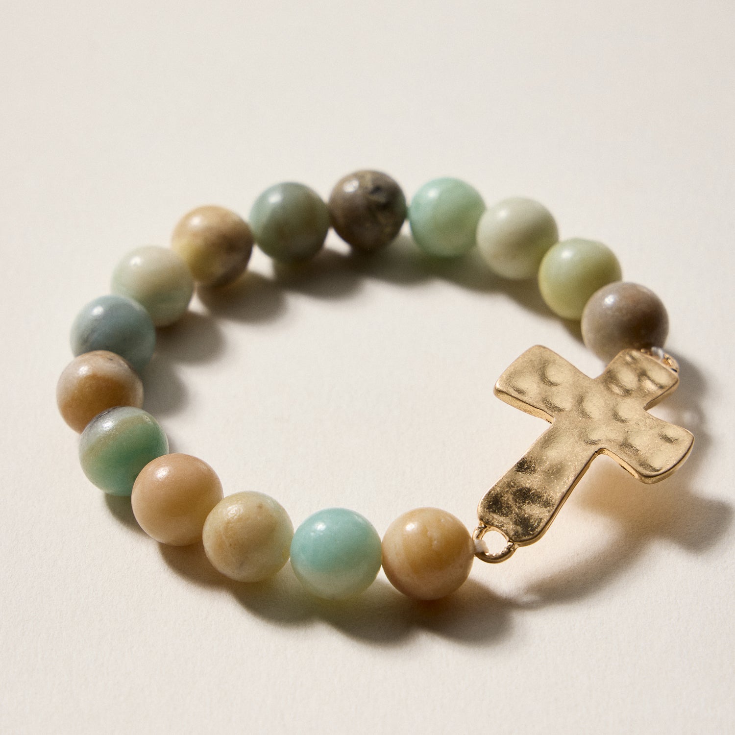 Natural Stone Beaded Bracelet with Hammered Cross Charm – Stretch Faith Bracelet