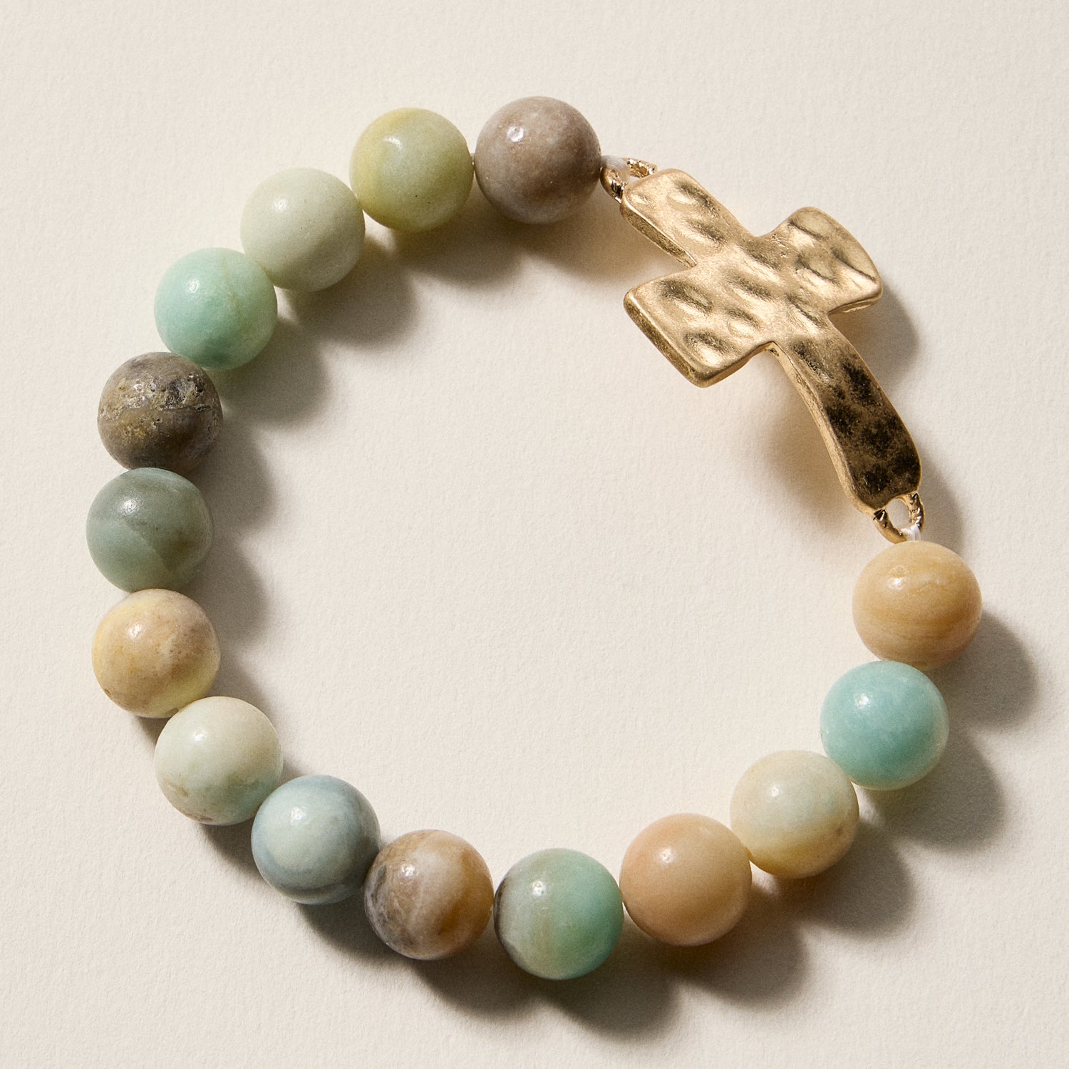 Natural Stone Beaded Bracelet with Hammered Cross Charm – Stretch Faith Bracelet