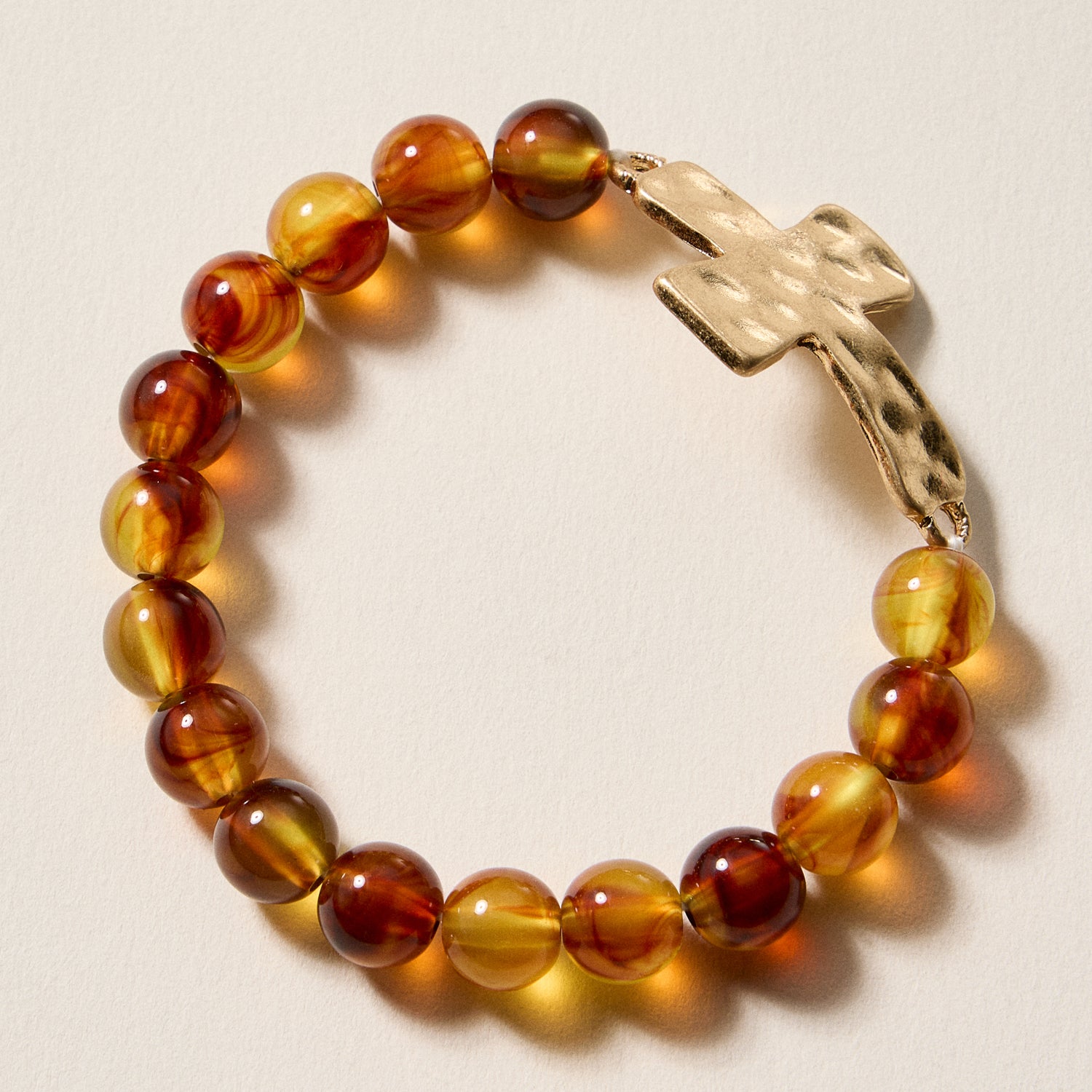 Natural Stone Beaded Bracelet with Hammered Cross Charm – Stretch Faith Bracelet