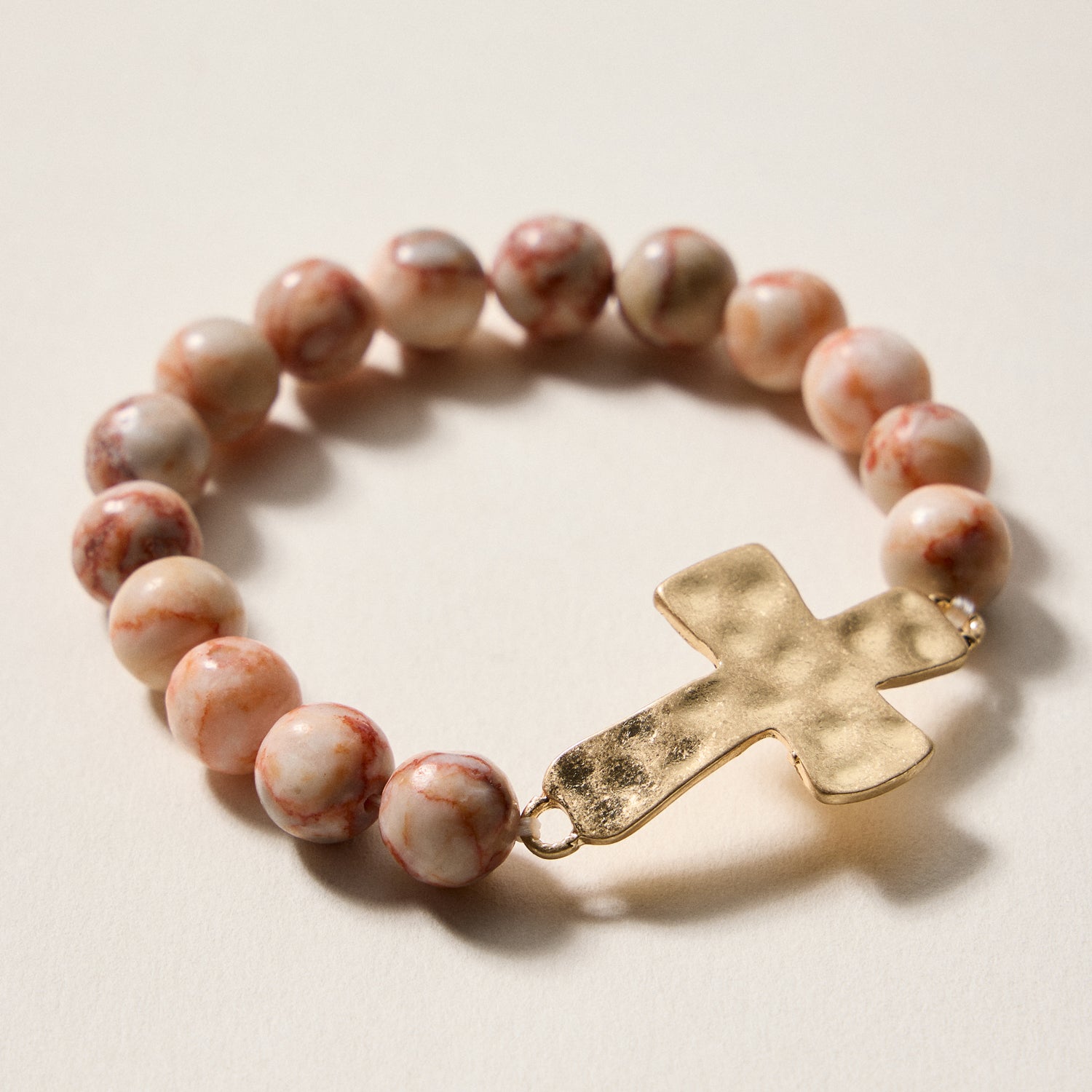 Natural Stone Beaded Bracelet with Hammered Cross Charm – Stretch Faith Bracelet