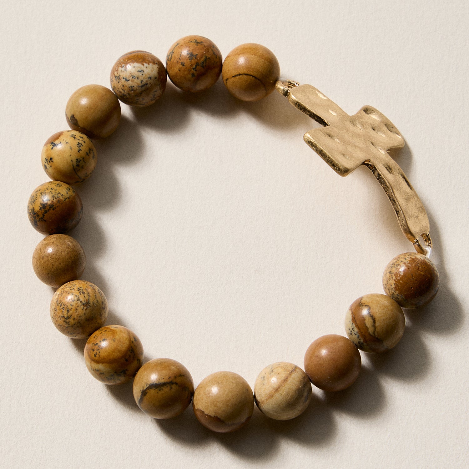 Natural Stone Beaded Bracelet with Hammered Cross Charm – Stretch Faith Bracelet