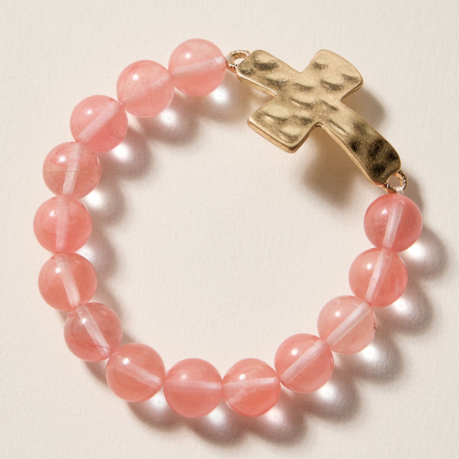 Natural Stone Beaded Bracelet with Hammered Cross Charm – Stretch Faith Bracelet