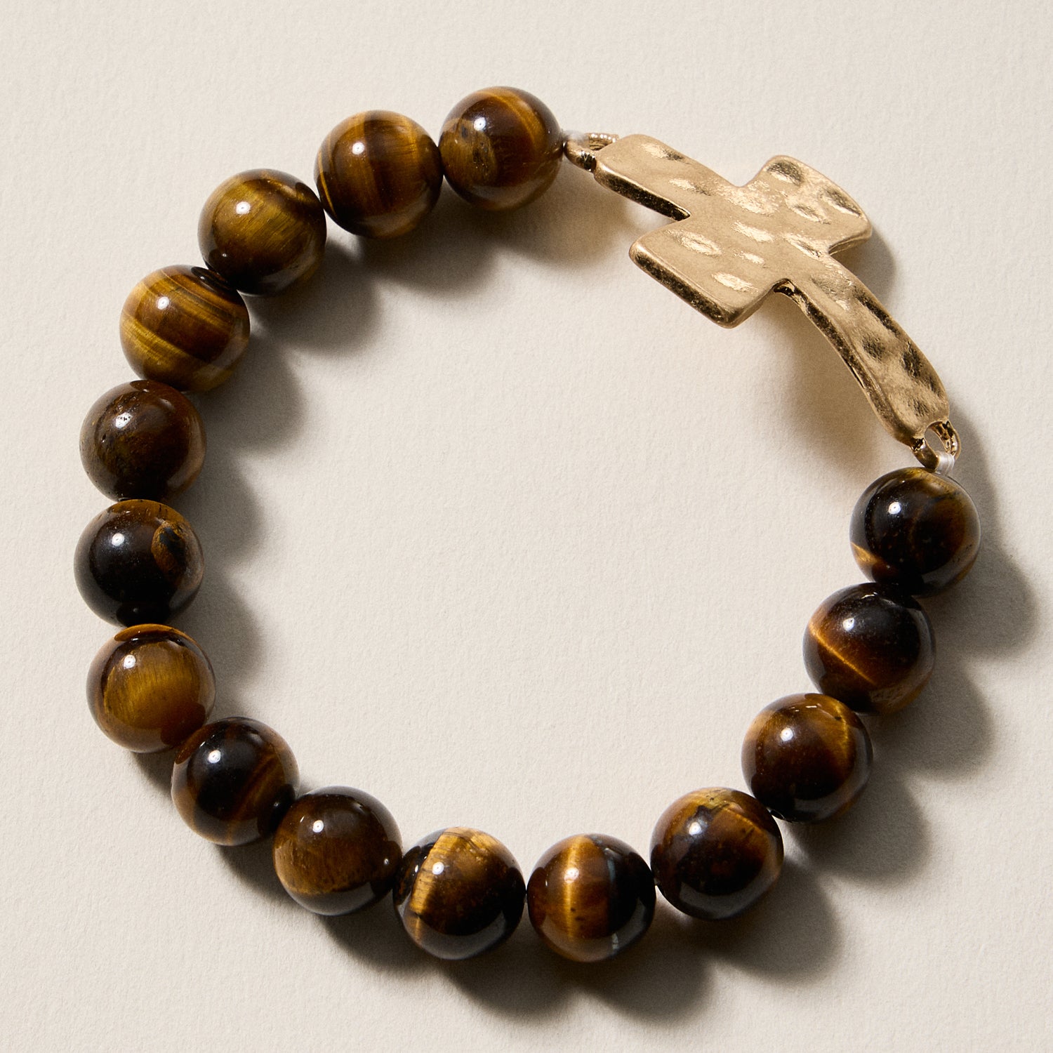 Natural Stone Beaded Bracelet with Hammered Cross Charm – Stretch Faith Bracelet