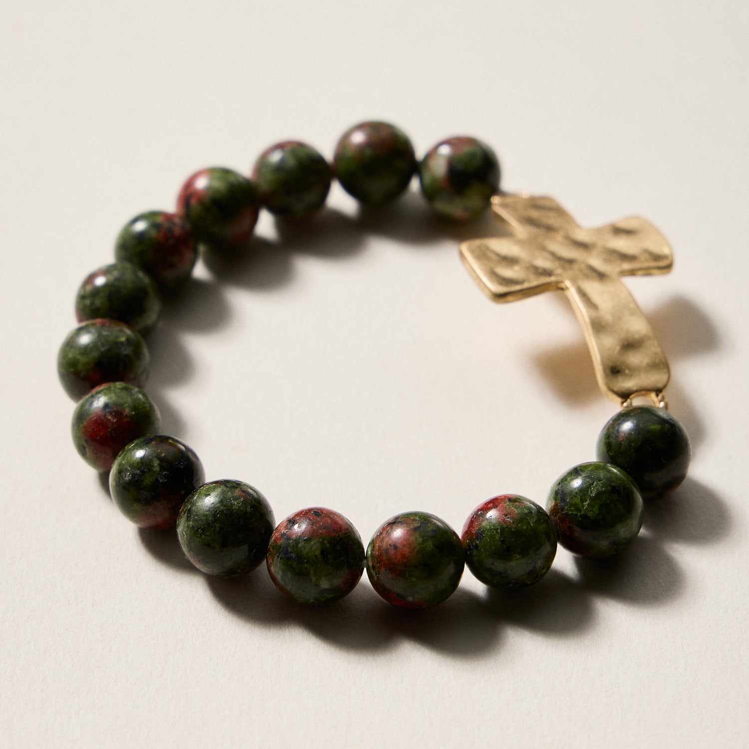 Natural Stone Beaded Bracelet with Hammered Cross Charm – Stretch Faith Bracelet