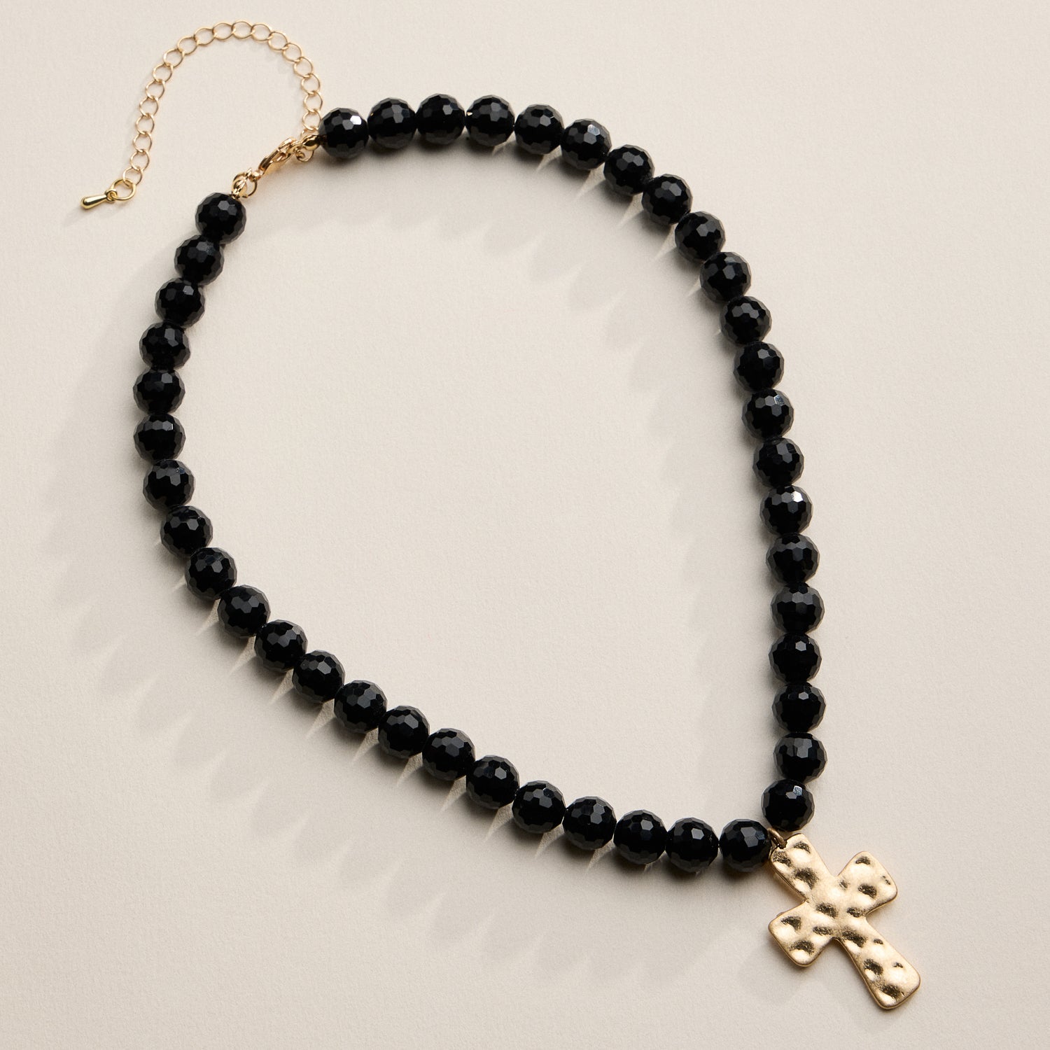 Faceted Beaded Necklace with Hammered Cross Pendant