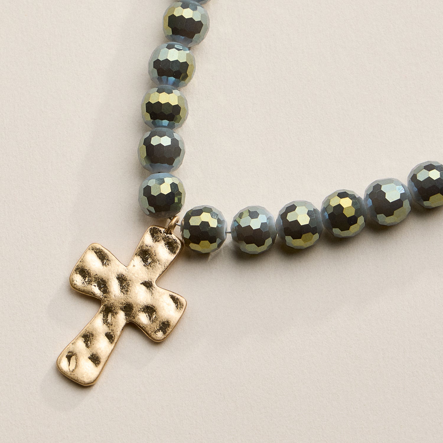 Faceted Beaded Necklace with Hammered Cross Pendant