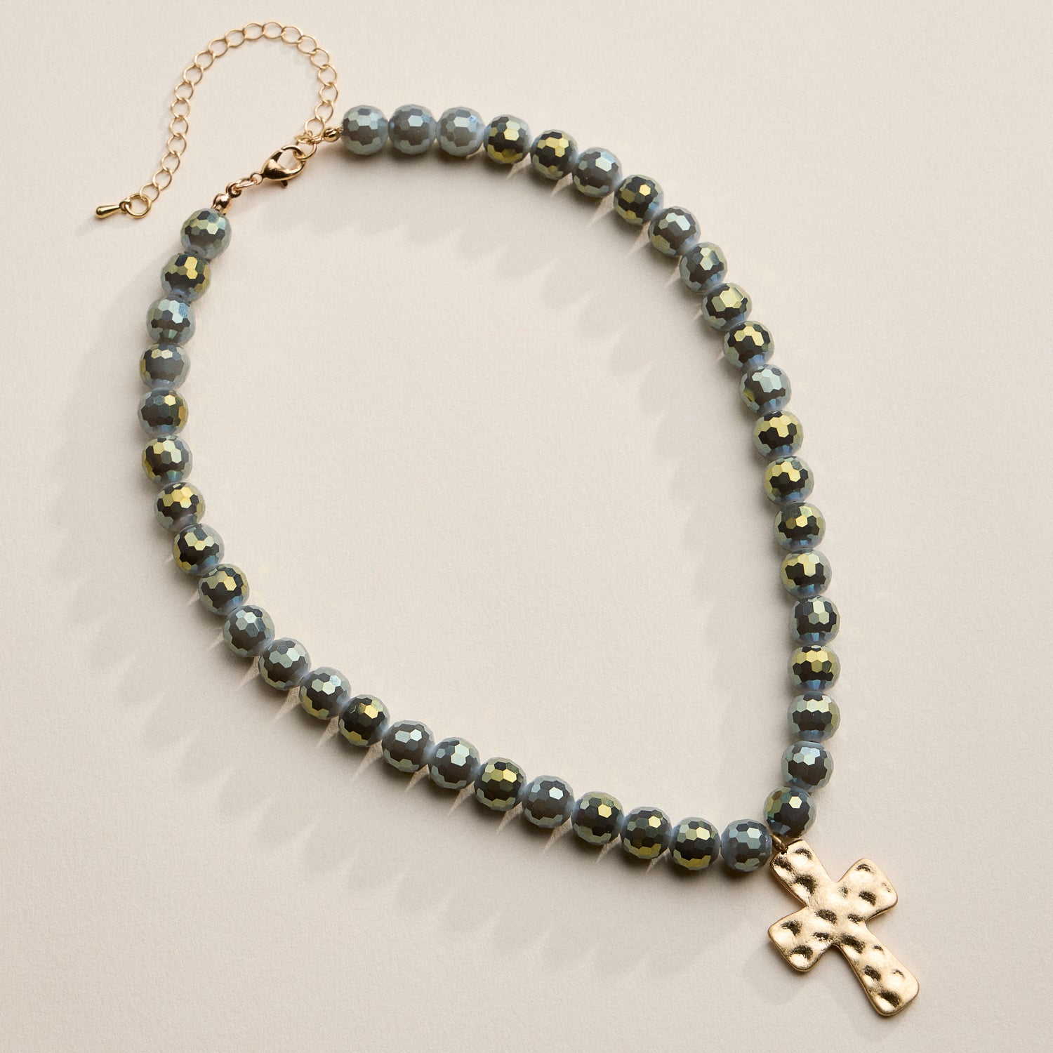 Faceted Beaded Necklace with Hammered Cross Pendant