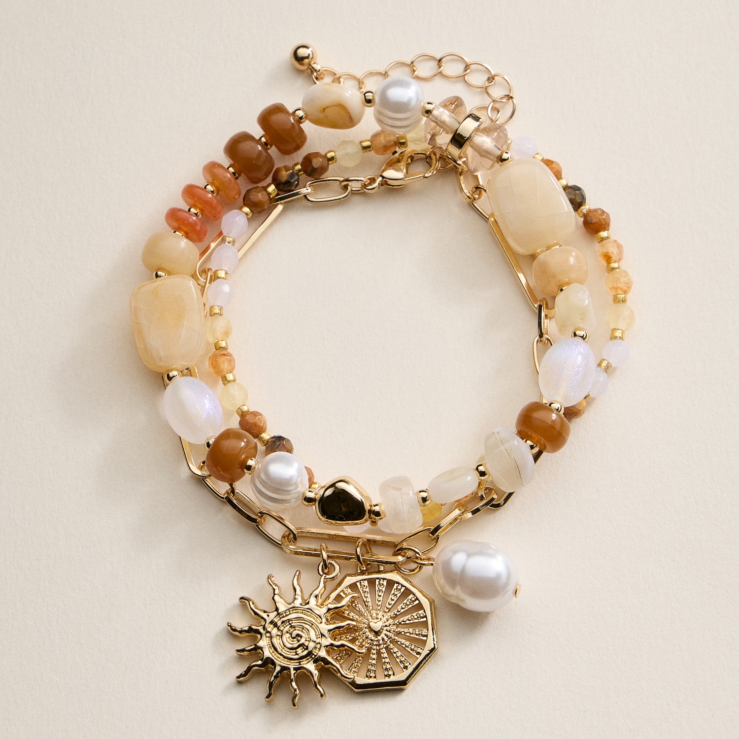 Beaded Bracelet Set – Mixed Gem-Style Beads, Gold Accents & Charms, Stretch Bracelets
