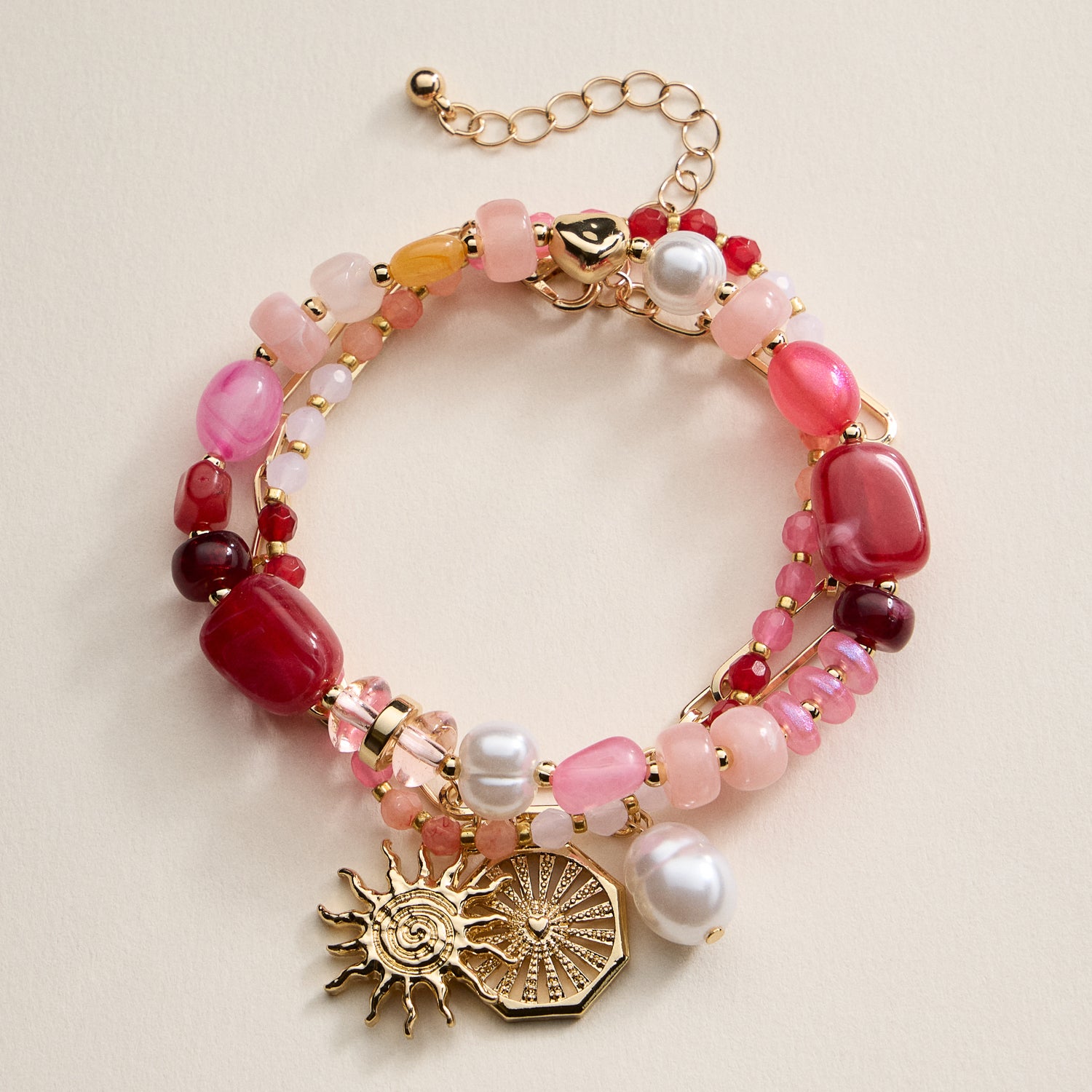 Beaded Bracelet Set – Mixed Gem-Style Beads, Gold Accents & Charms, Stretch Bracelets