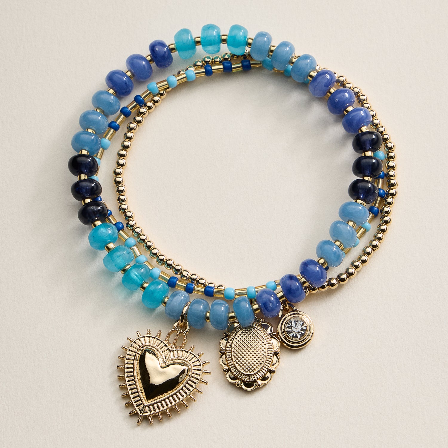 Beaded Heart Charm Stretch Bracelet Set – 3-Piece Layered Stack with Gold Accents