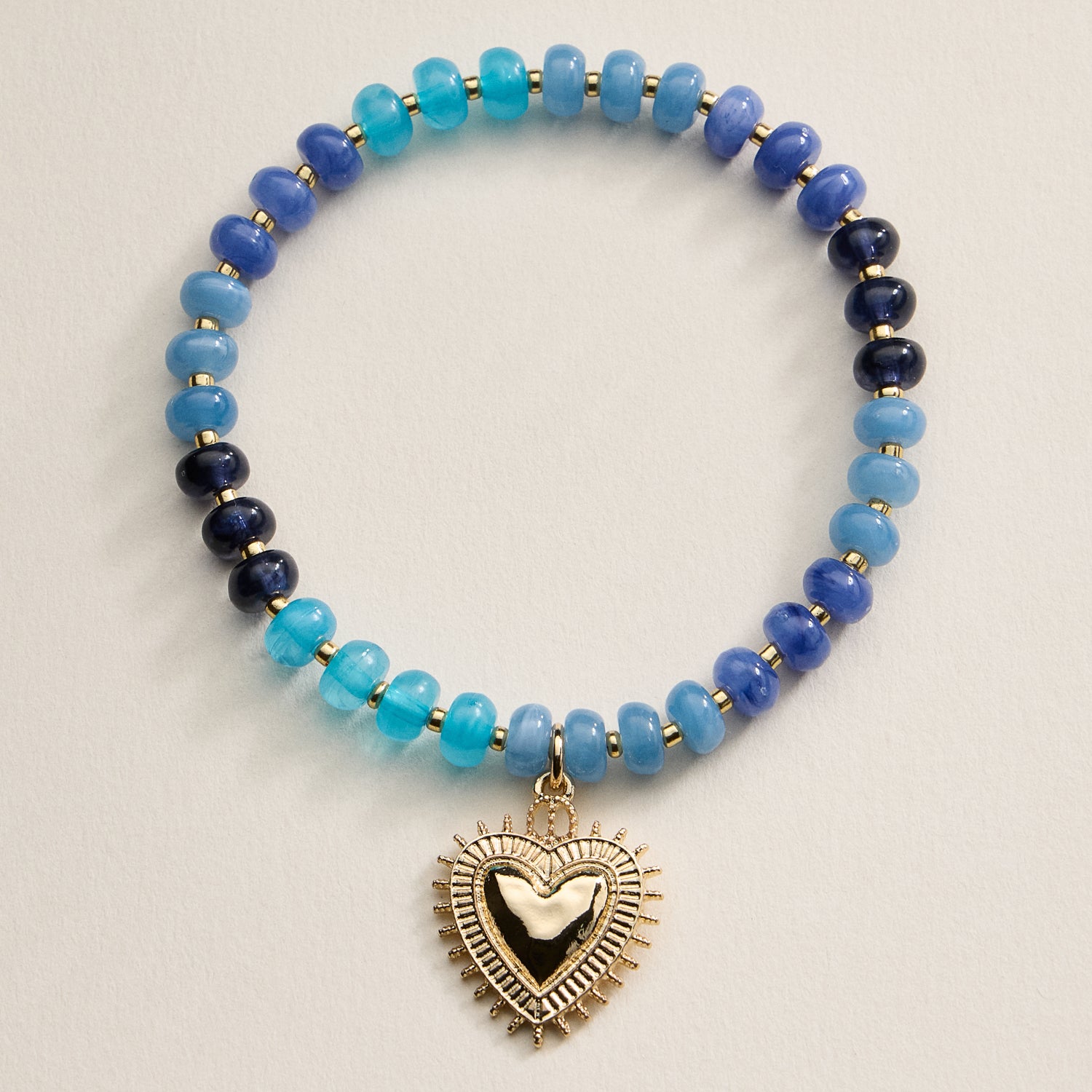 Beaded Heart Charm Stretch Bracelet Set – 3-Piece Layered Stack with Gold Accents